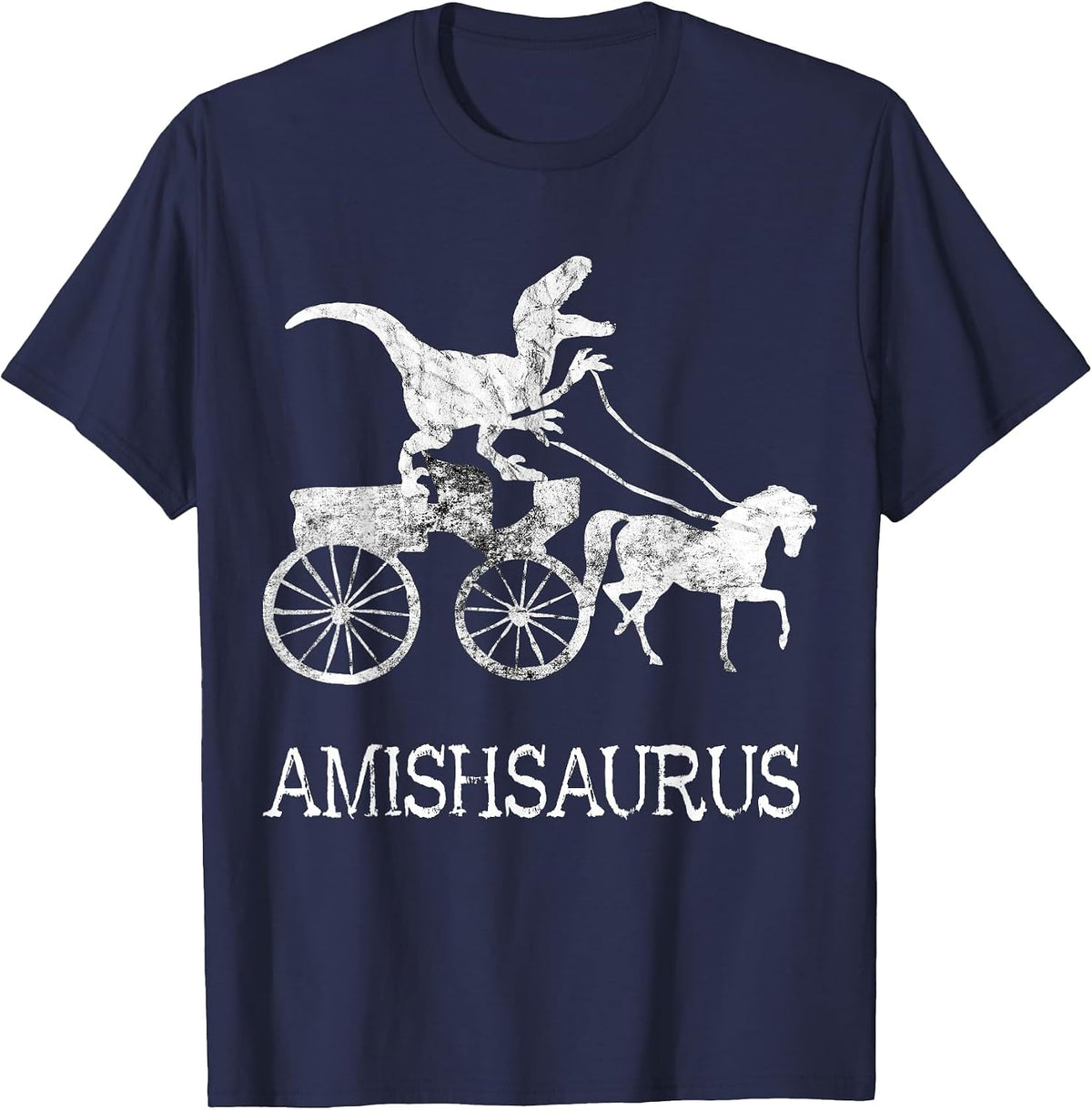 Amish Saurus Dinosaurs Horse Riding Buggy Funny Dino T-Rex T-Shirt - Navy Blue