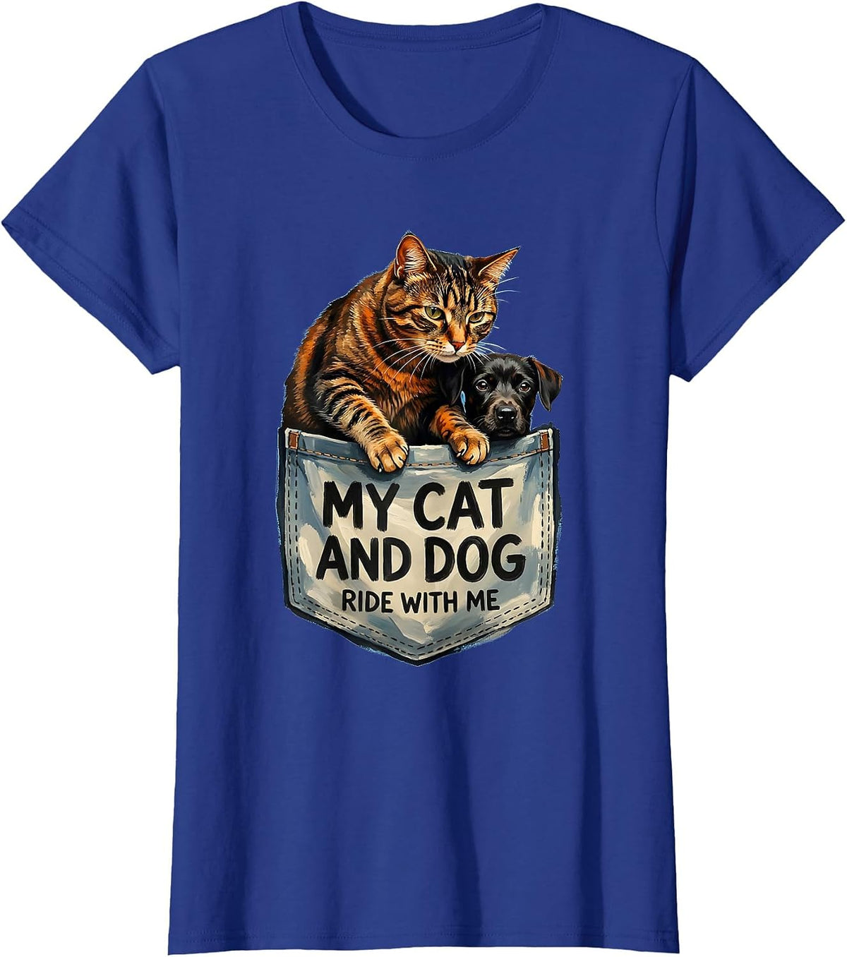 Women's My Cat And Dog Ride With Me Playful Pet Pocket Gift For Cat T-Shirt - Royal Blue