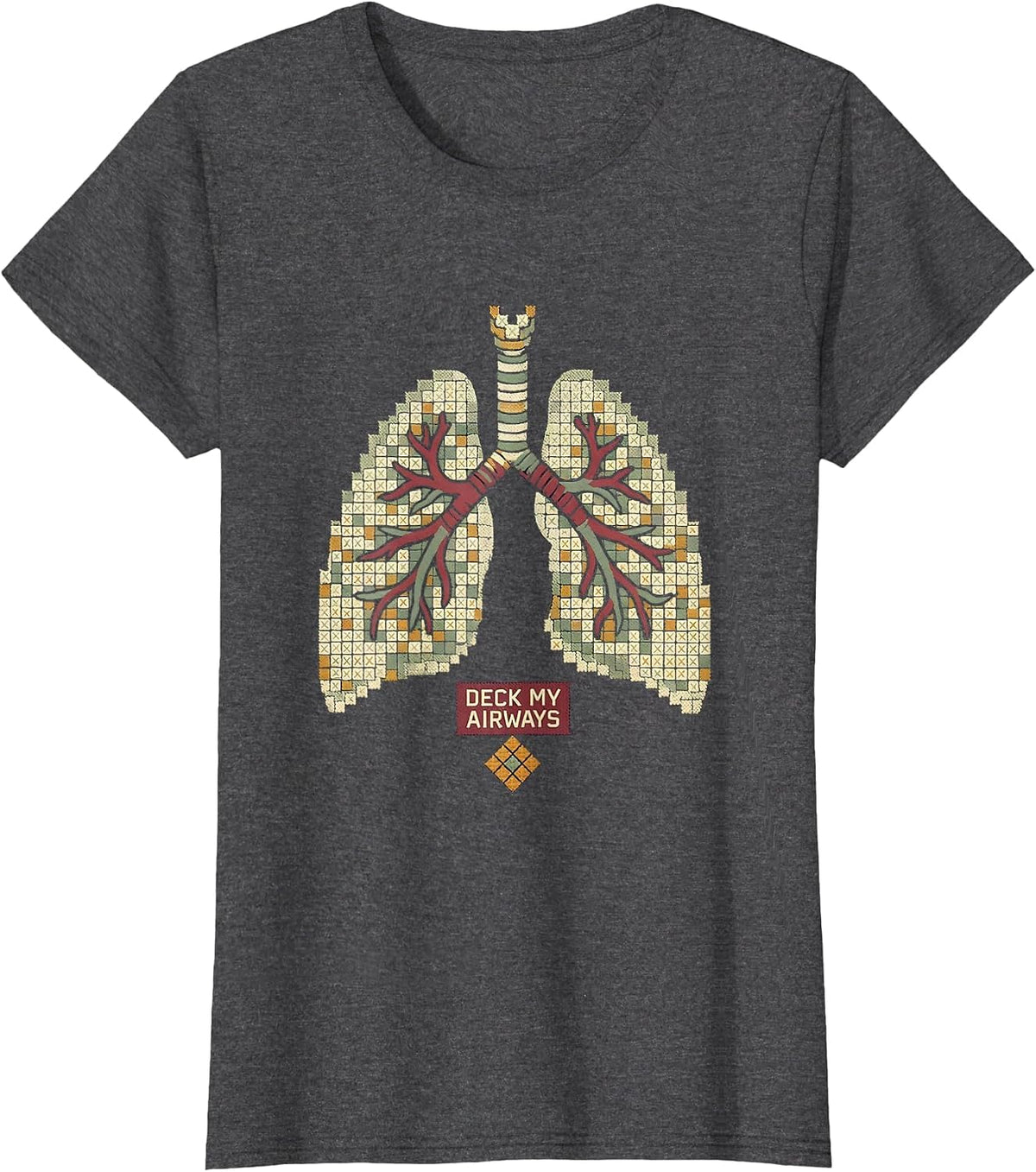 Women's Deck My Airways Cross Stitch Respiratory Therapist Christmas T-Shirt - Dark Heather Grey