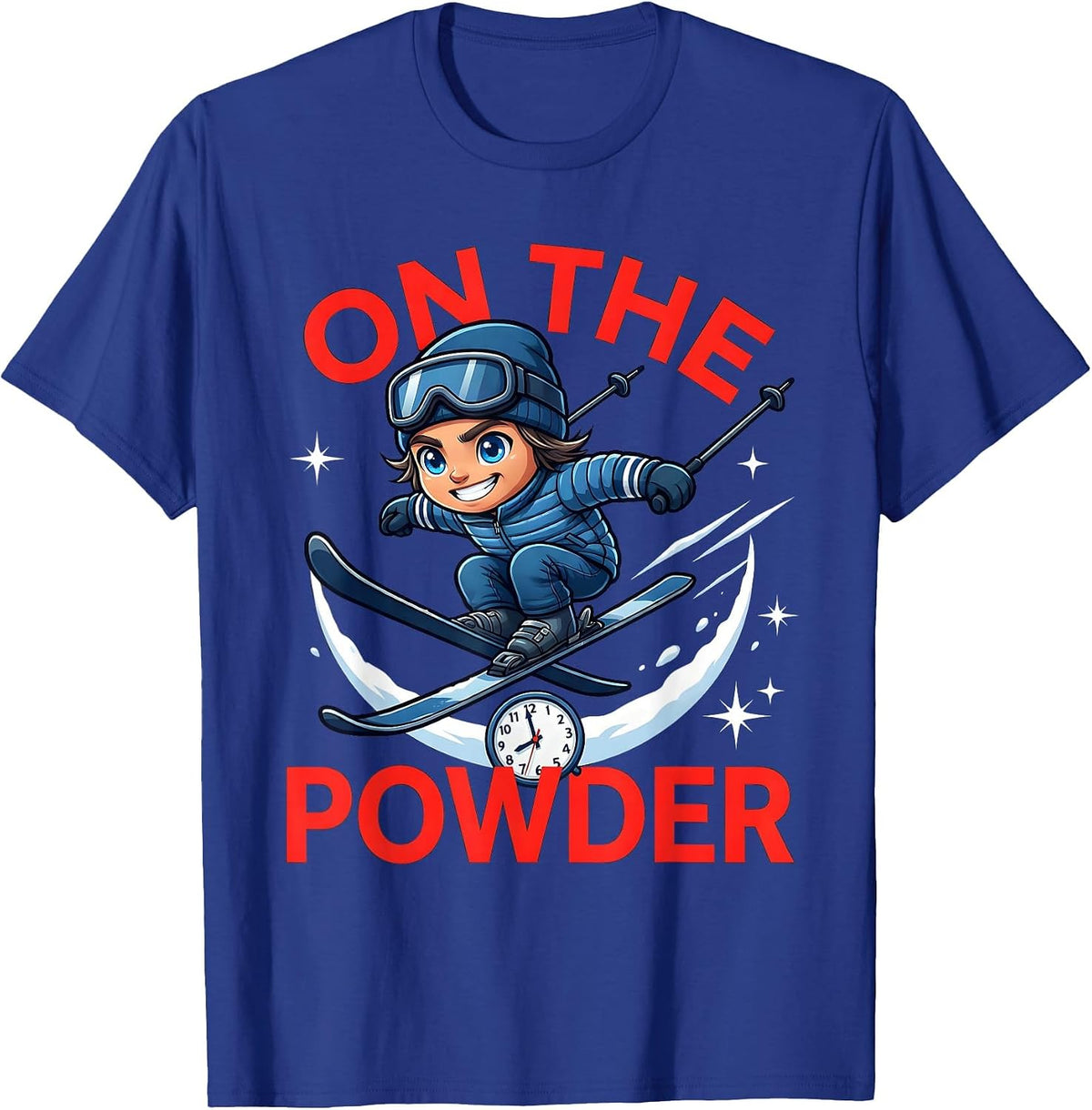ON THE POWDER Funny Skier Snowboarder Ski Season T-Shirt - Royal Blue