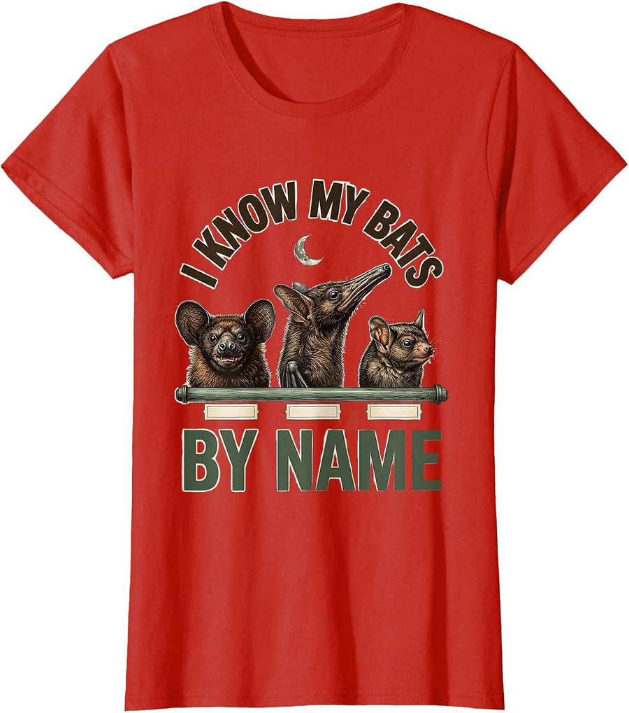 Women's I Know My Bats By Name Botanical Halloween Bat Lover Vintage T-Shirt - Red