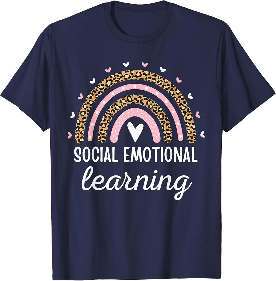 Social Emotional Learning Rainbow Counselor Teacher SEL Day T-Shirt - Navy Blue