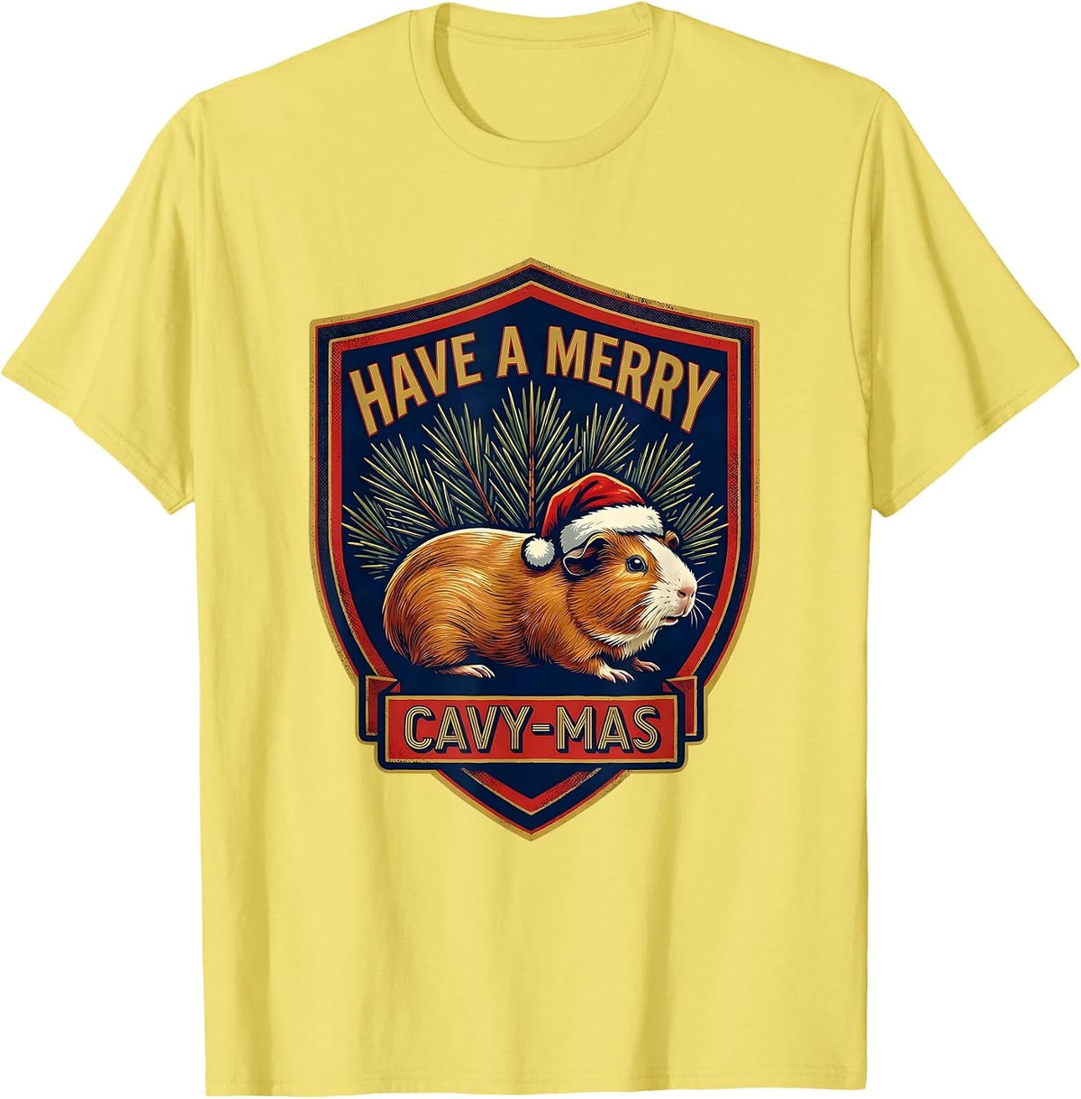 Men's Have A Merry Cavy-mas Funny Guinea Pig Christmas Santa Hat T-Shirt - Lemon Yellow