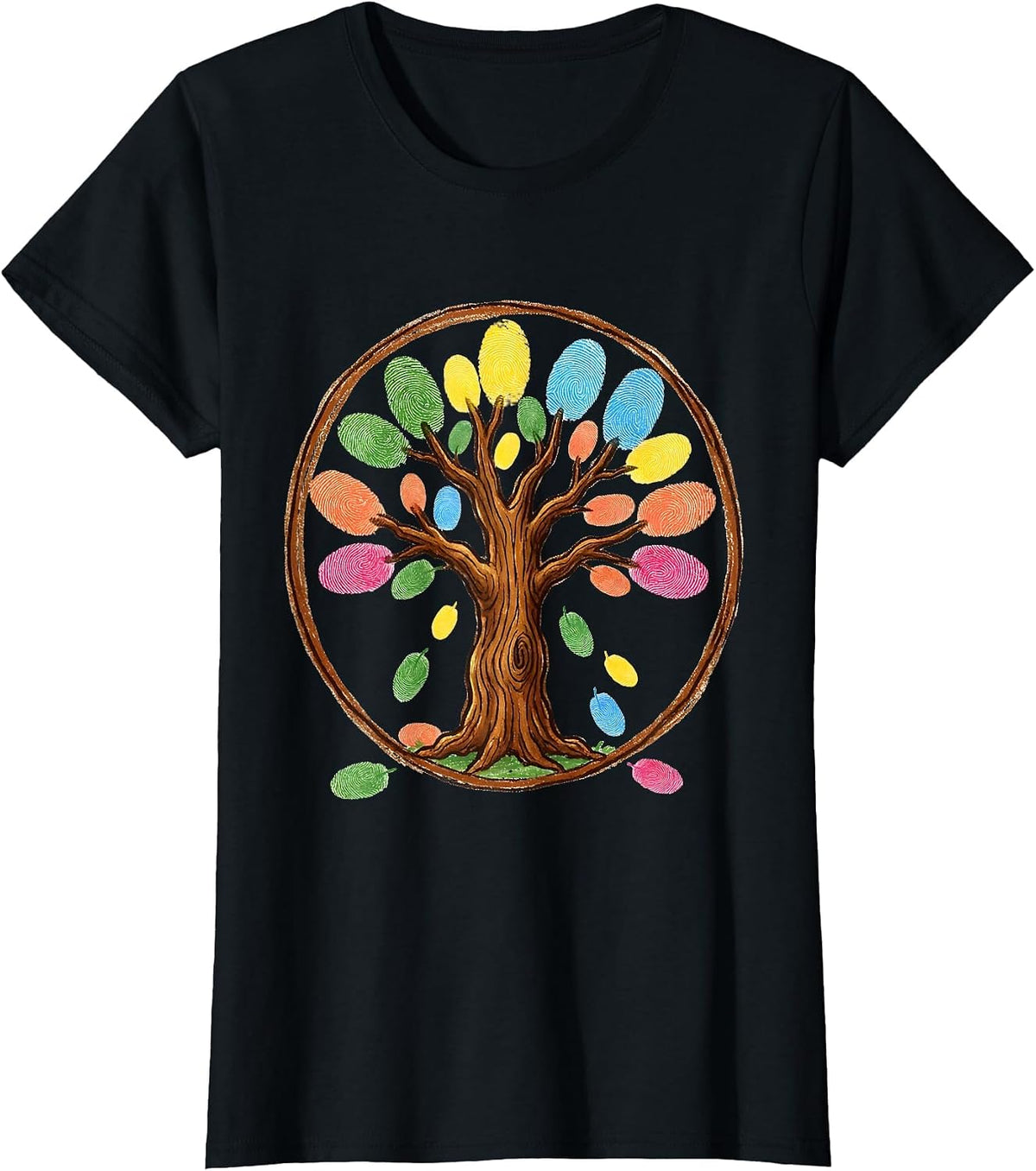 Women's Kindergarten Teacher Fingerprint Tree Colorful Art T-Shirt - Black