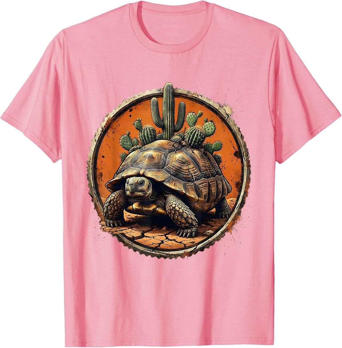 Men's Desert Tortoise with Cacti Western Nature Design T-Shirt - Pink
