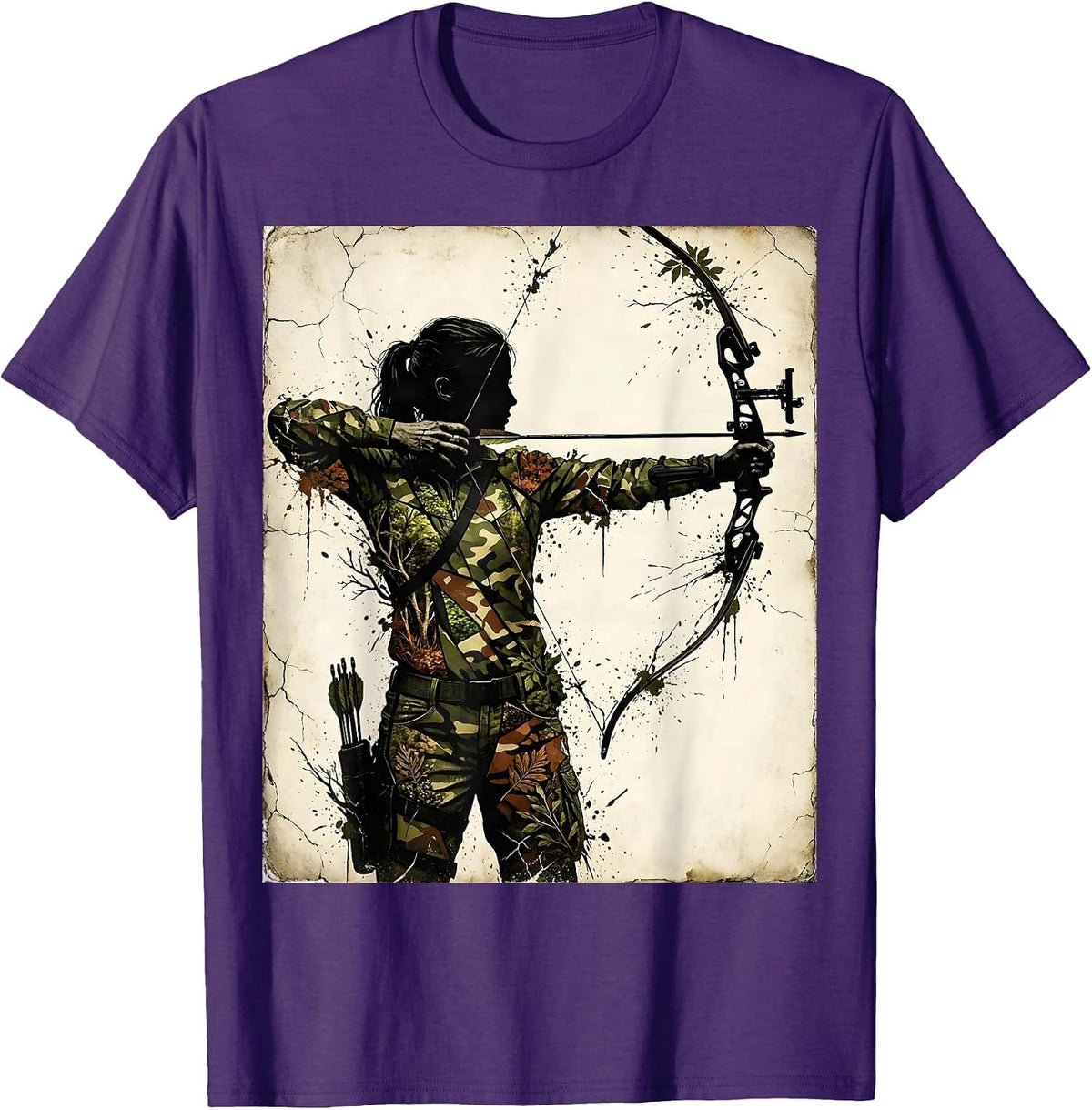 Woodland Camo Archer Drawing Bow Illustration T-Shirt - Purple