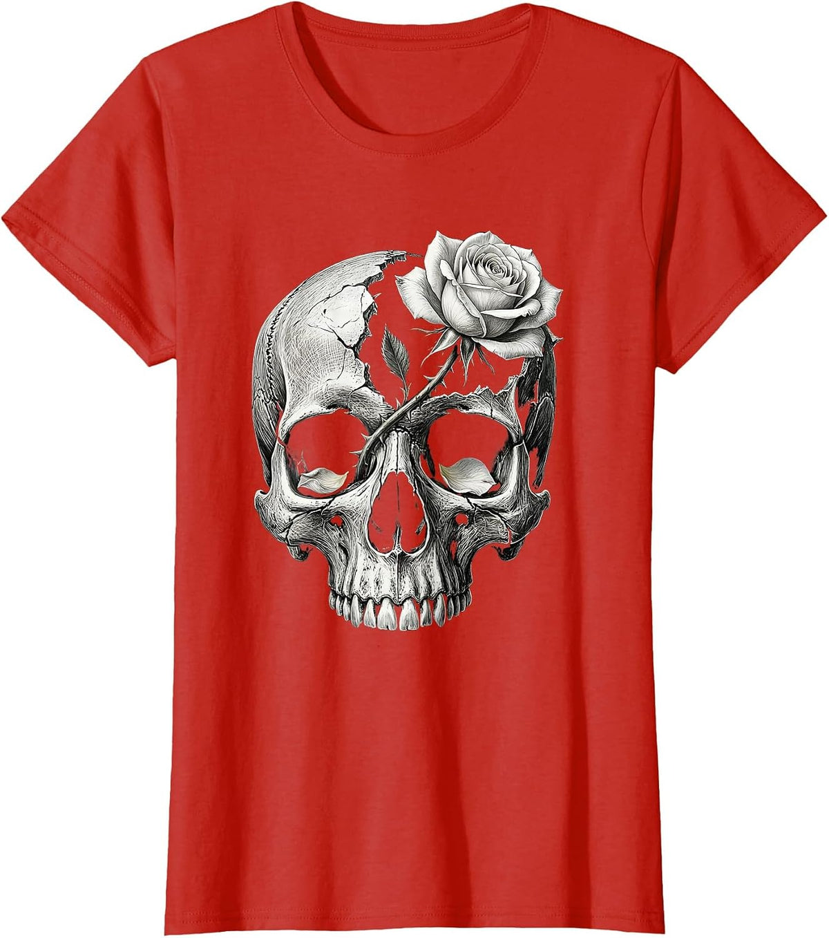Women's Skull Rose Gothic Alt Aesthetic Teen Grunge T-Shirt - Red