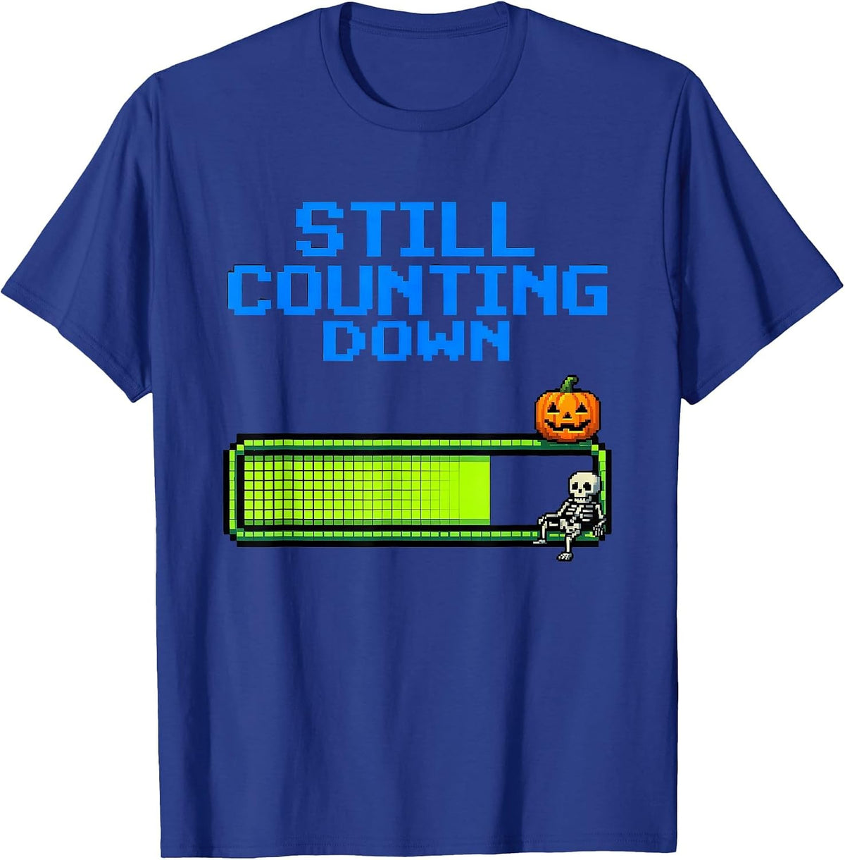 Men's Still Counting Down Pixel Art Summerween Skeleton Beach T-Shirt - Royal Blue