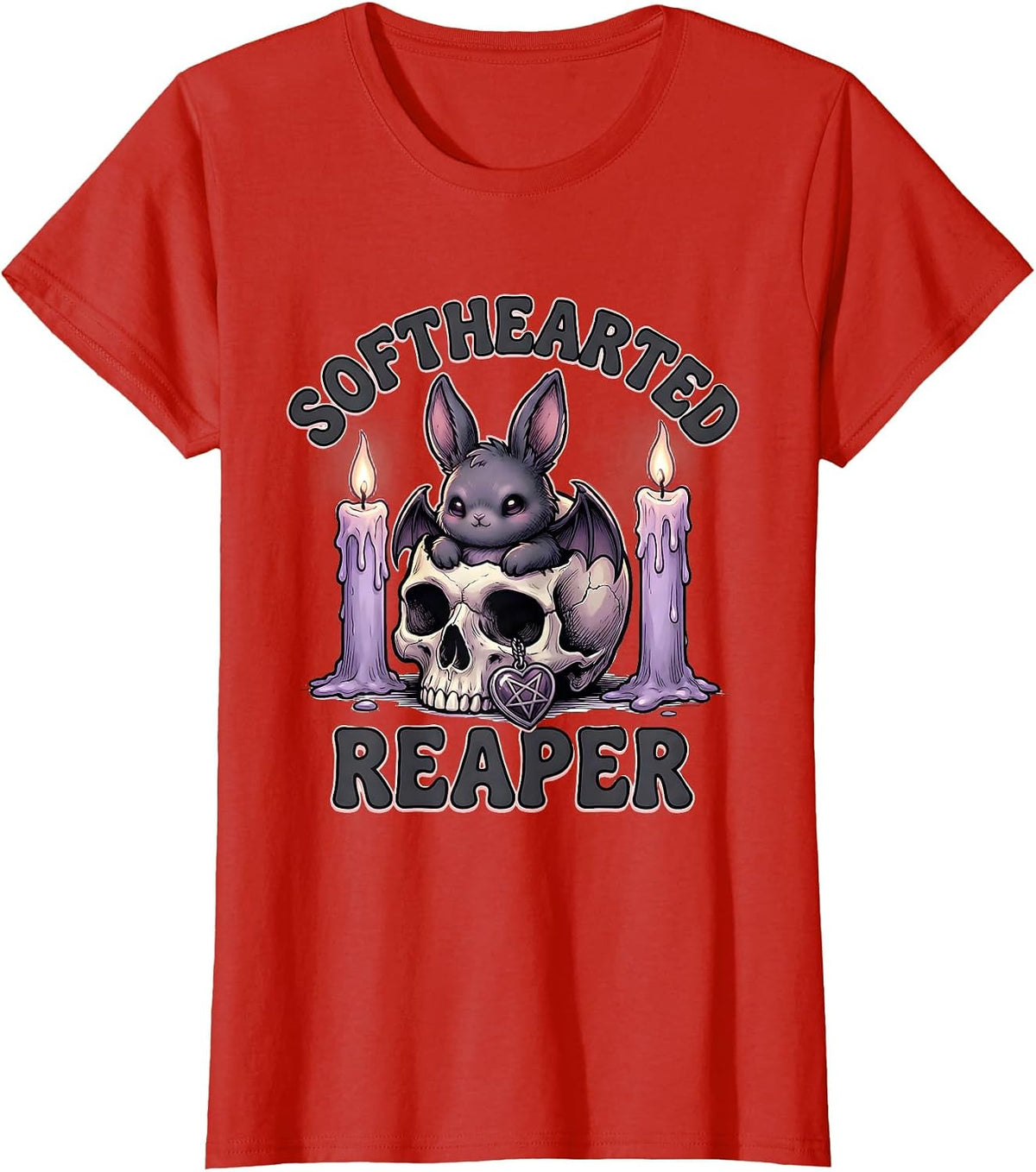 Softhearted Reaper Kawaii Pastel Goth Bat Bunny Skull T-Shirt - Red