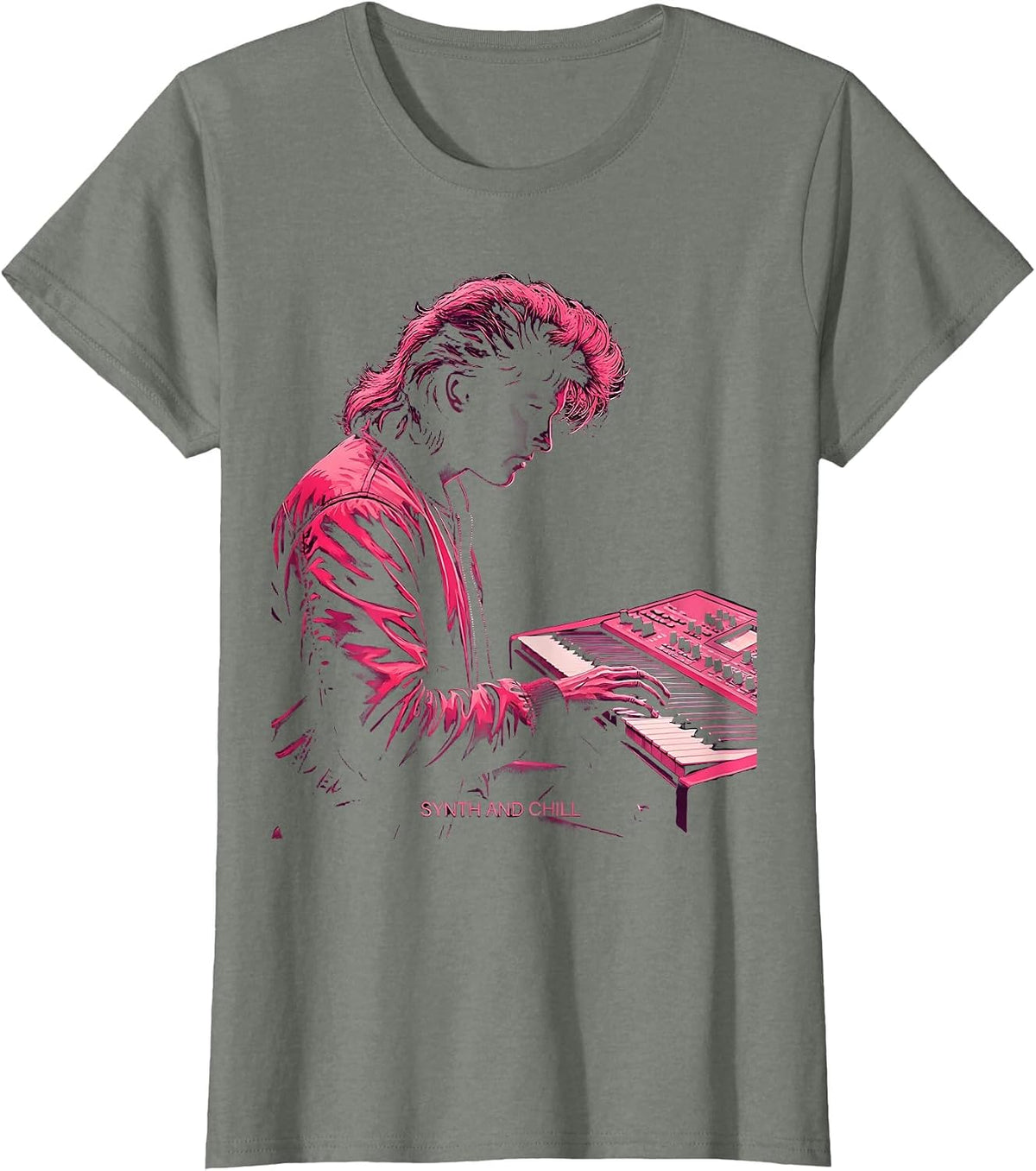 Synth and Chill Retro 80s Nostalgia Design T-Shirt - Olive Heather