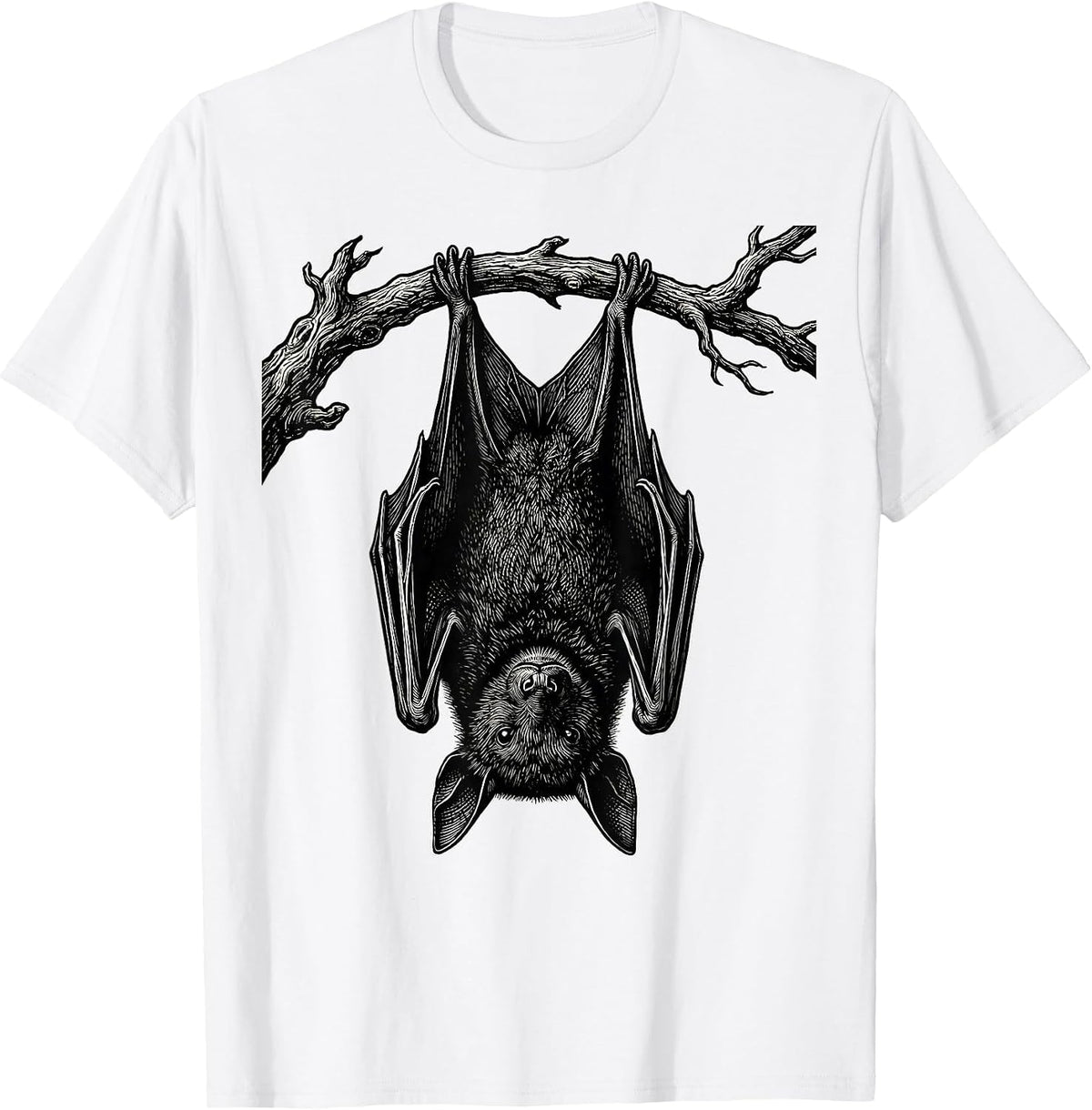 Men's Bat Hanging Woodcut Engraving Gothic Bat Lover T-Shirt - White