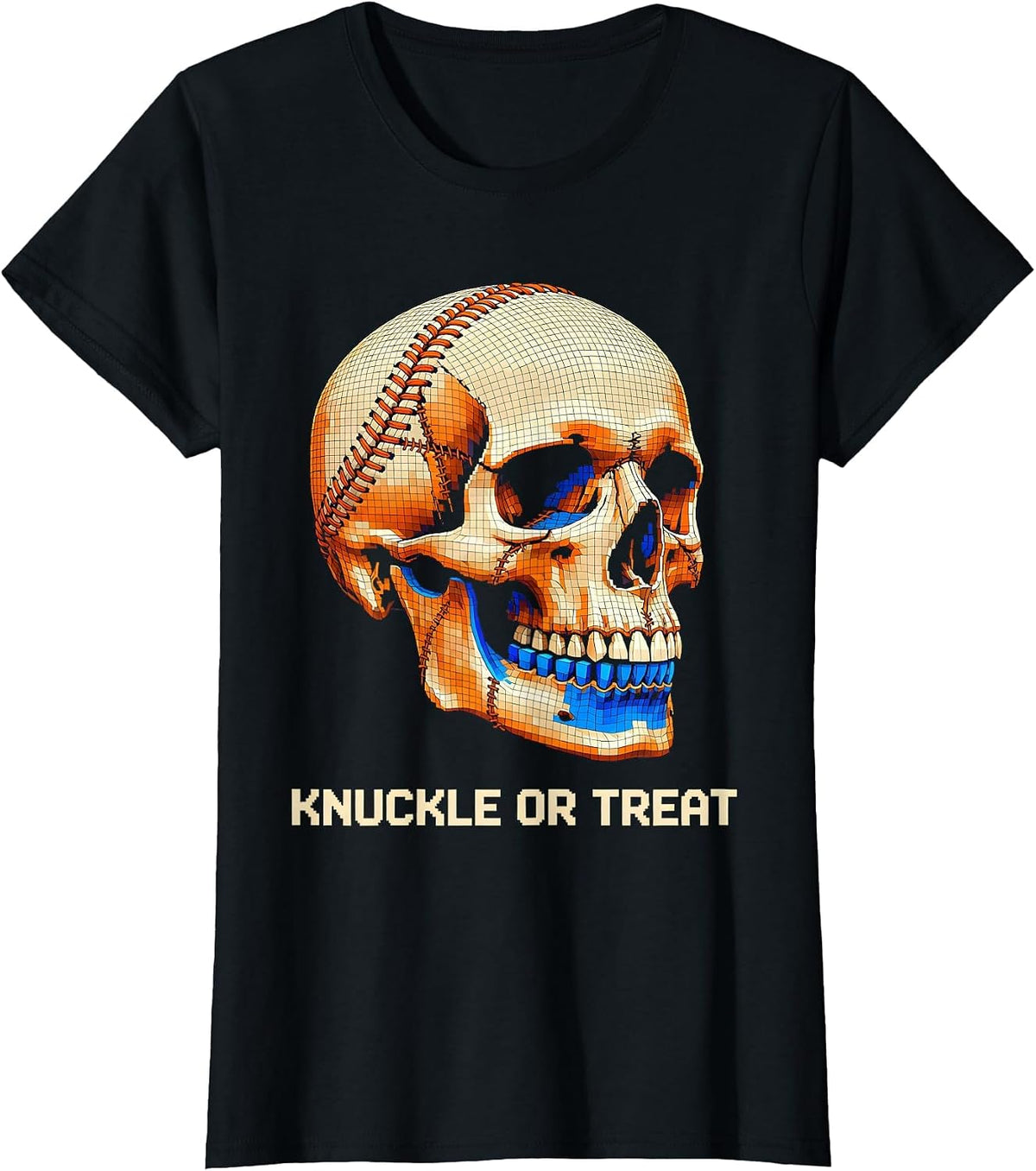 Knuckle Or Treat Pixel Art Skeleton Baseball Halloween T-Shirt - Black
