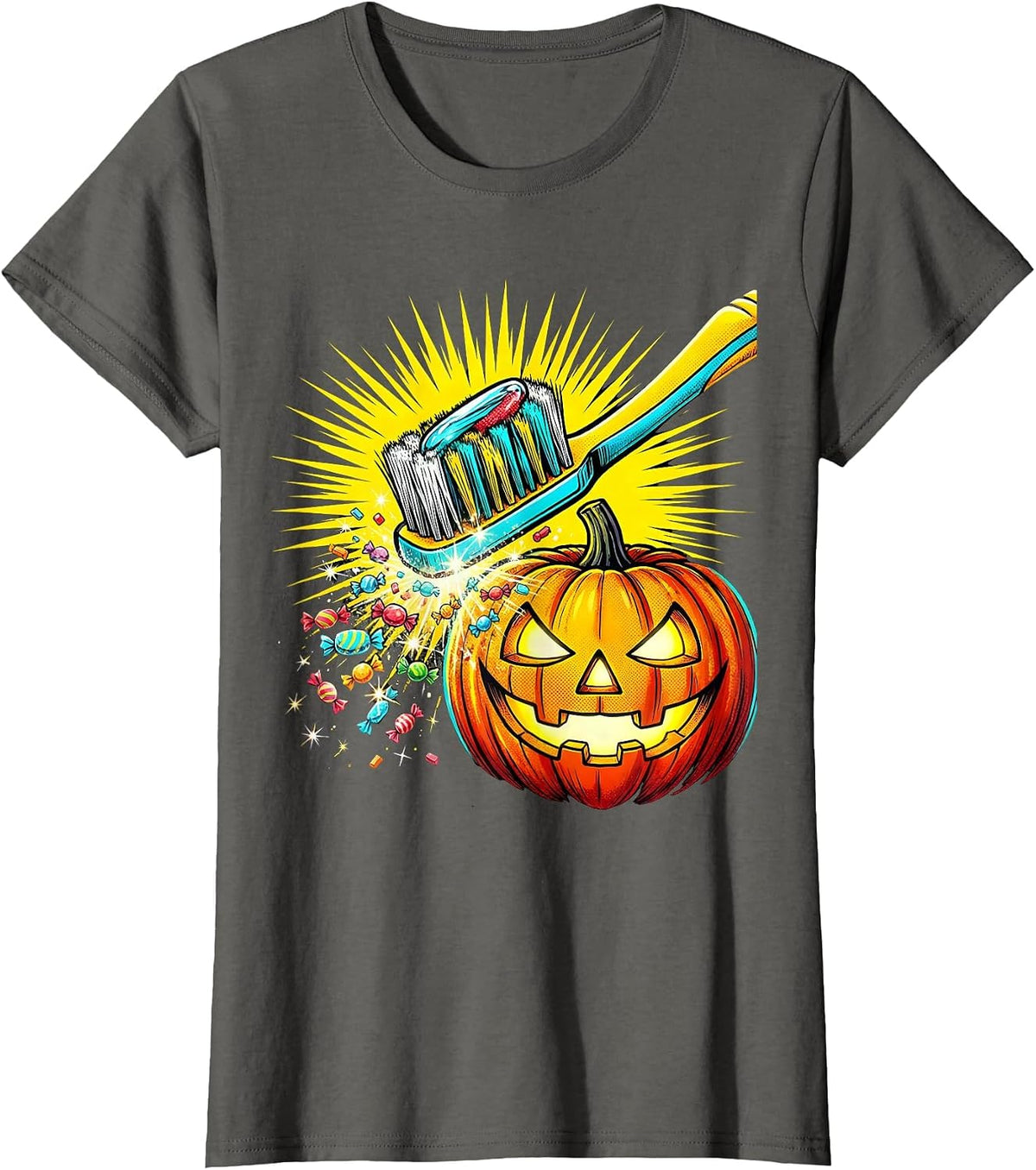 Women's Oversized Toothbrush Jack-O-Lantern Dental Humor Halloween T-Shirt - Asphalt Grey