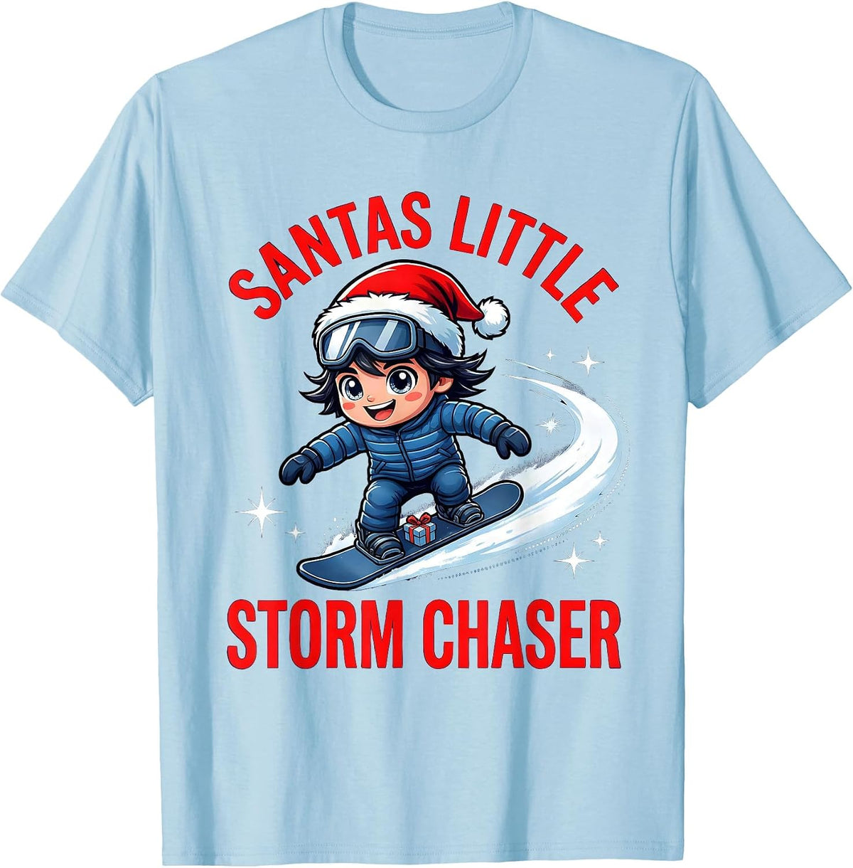 Men's SANTAS LITTLE STORM CHASER Cartoon Snowboarder Christmas T-Shirt - Baby Blue