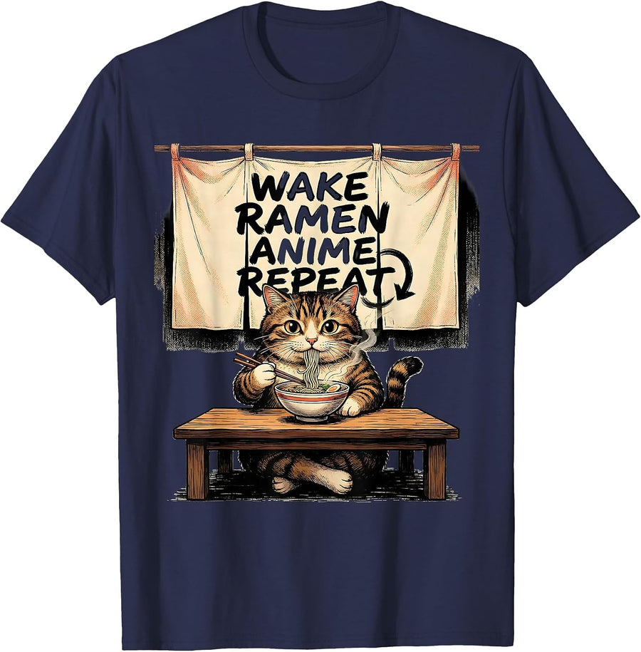 Wake Ramen Anime Repeat Funny Kawaii Cat Lover Gift T-Shirt - Navy Blue