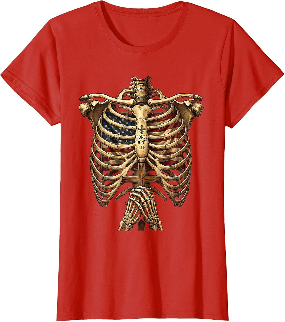 Women's Bones Don't Lie Bold Skeleton Graphic Design T-Shirt - Red