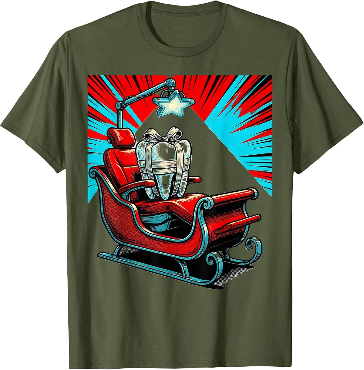 Dental Chair Santa Sleigh Pop Art Dentist Christmas T-Shirt - Olive Green