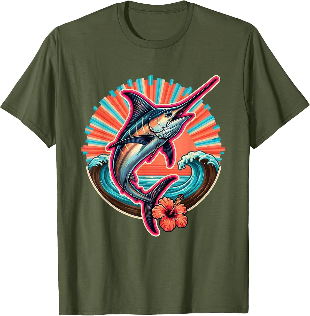 Men's Marlin Jumping at Sunrise Ocean Graphic T-Shirt - Olive Green