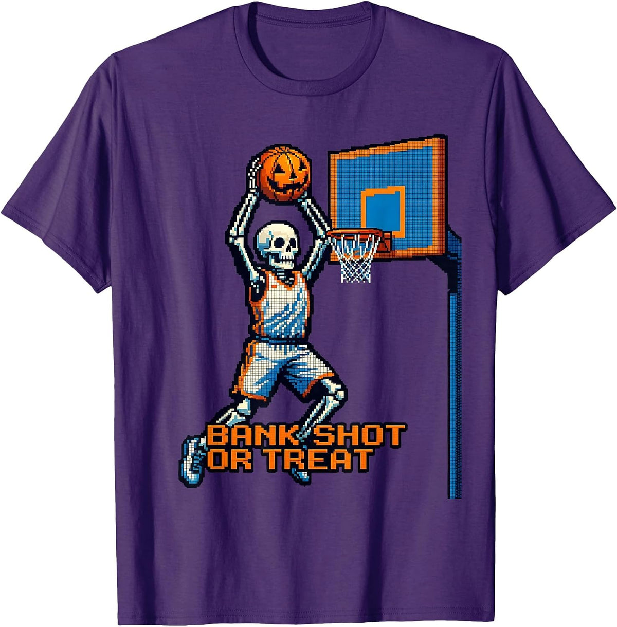 Men's Bank Shot or Treat Pixel Art Halloween Skeleton Basketball T-Shirt - Purple
