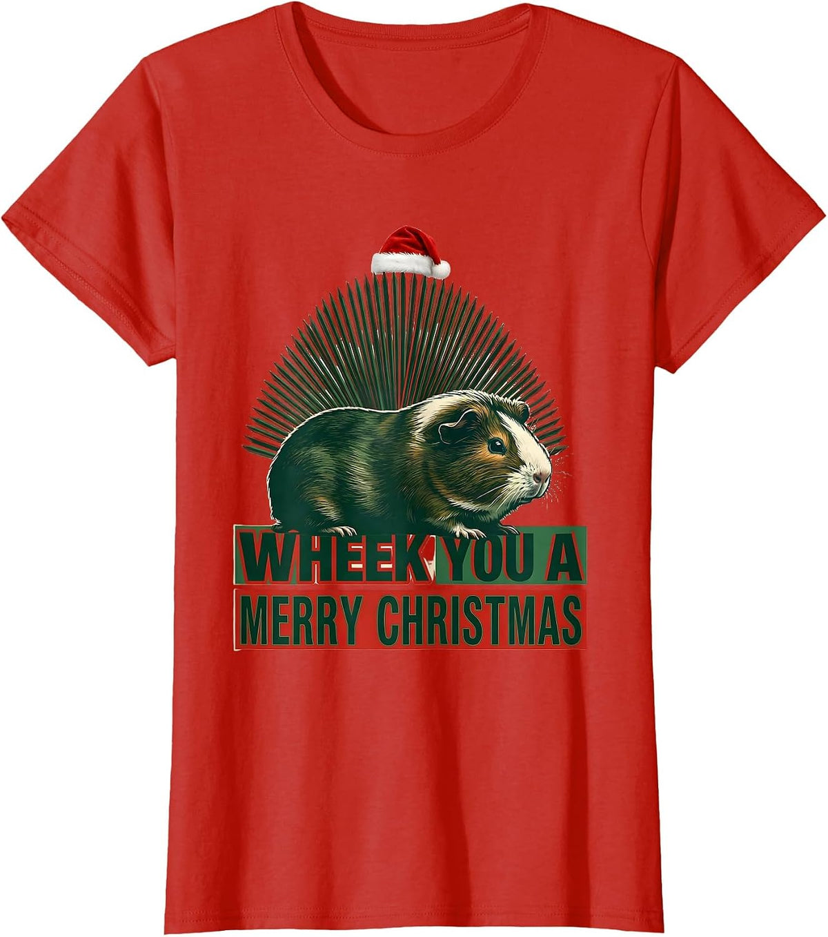 Women's Wheek You A Merry Christmas Funny Guinea Pig Santa Hat T-Shirt - Red