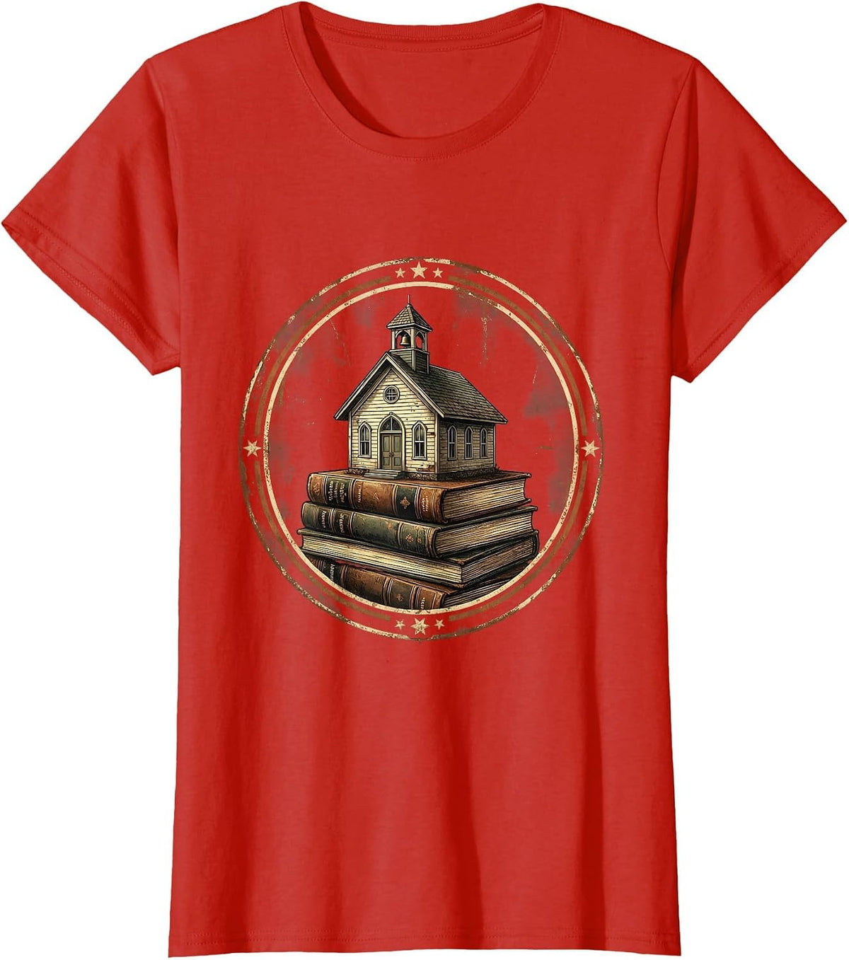 Third Grade Teacher Schoolhouse Books Illustration T-Shirt - Red