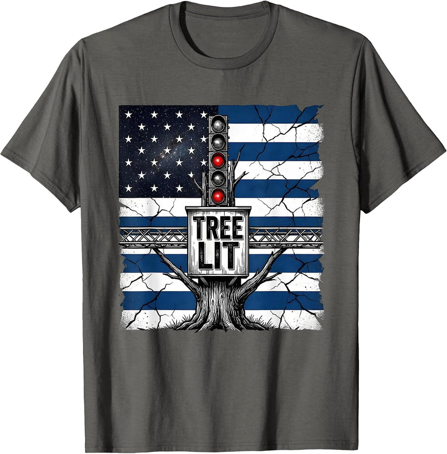Tree Lit Patriotic RC Car Racing Drag Strip American Flag T-Shirt - Asphalt Grey