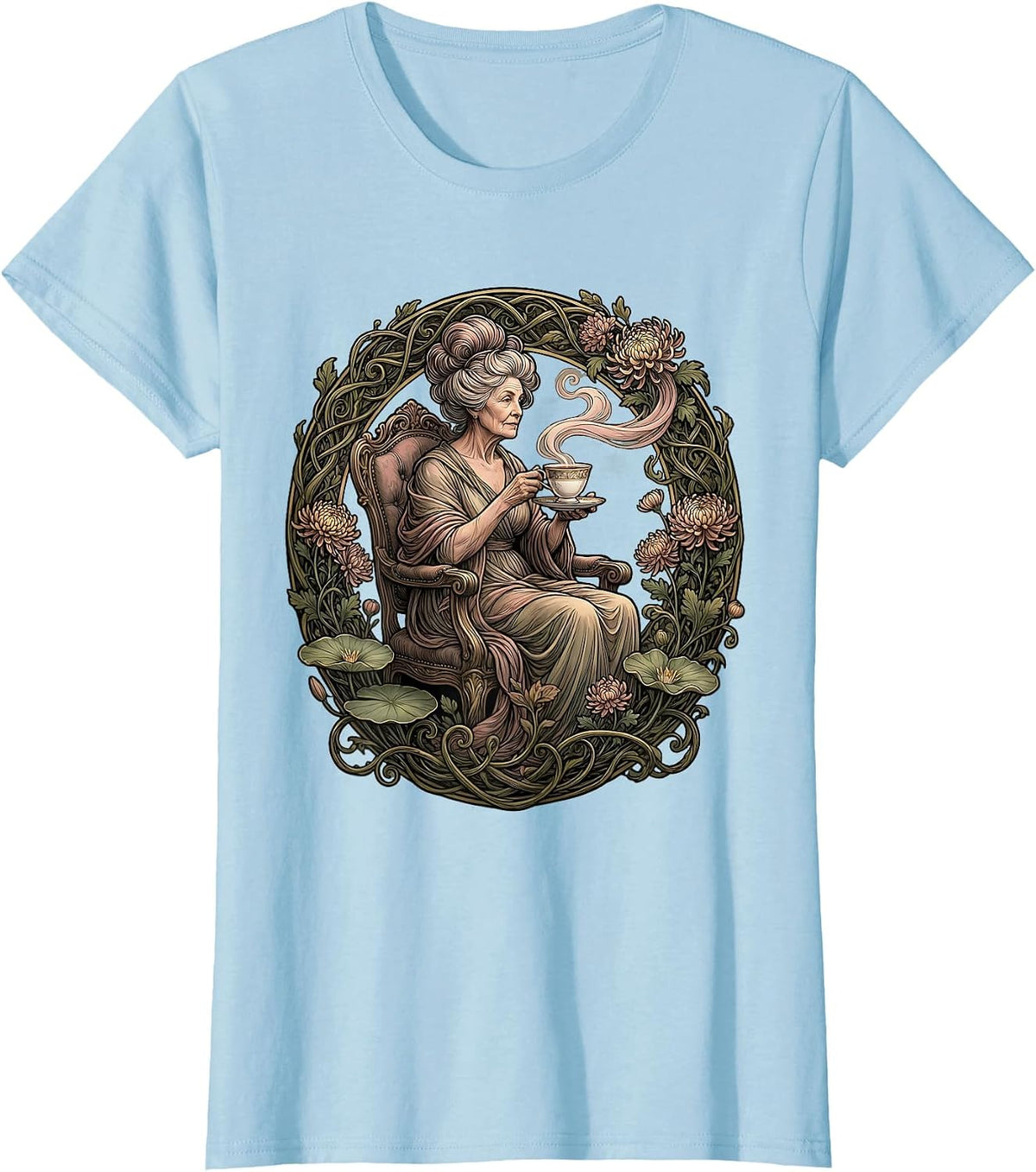 Mimi Grandma Sipping Tea Fancy Teacup Graphic T-Shirt - Baby Blue