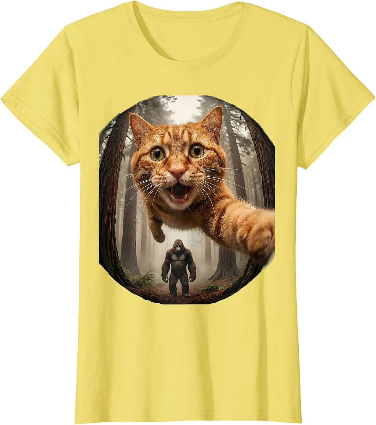 Fisheye Cat Bigfoot Meme Humor Gift for Cat Lovers T-Shirt - Lemon Yellow