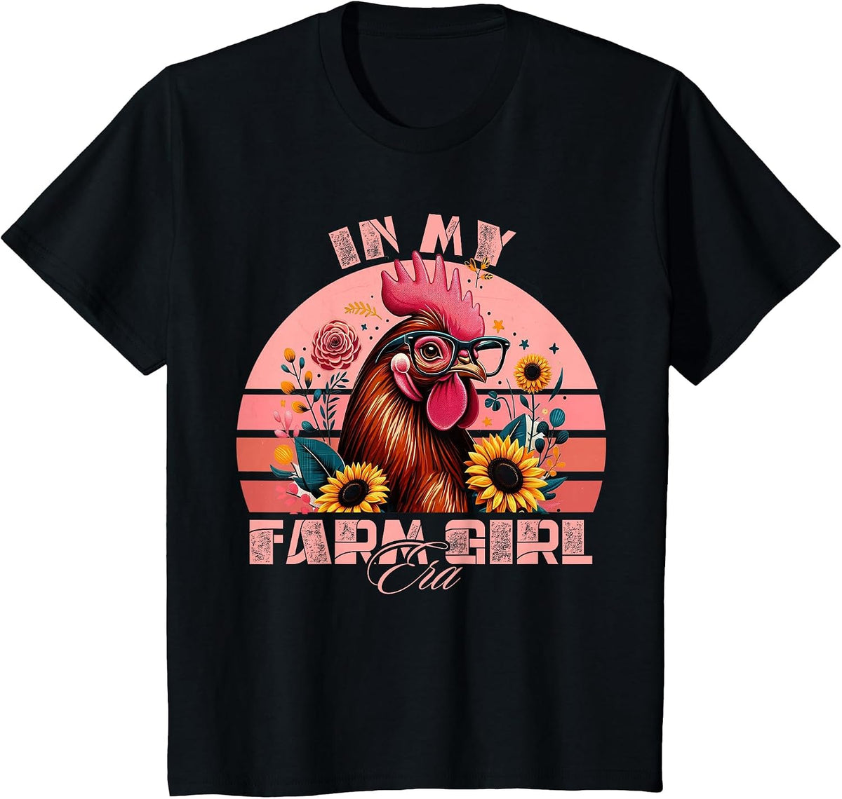 in My Farm Girl Era Cute Retro Chicken and Flowers Farm Life T-Shirt - Black