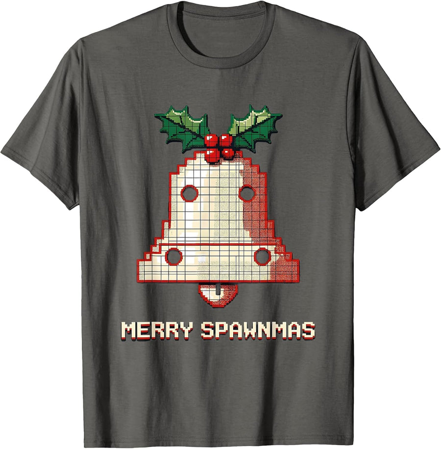 Merry Spawnmas Pixel Art Funny Christmas Gamer Boys Gift T-Shirt - Asphalt Grey