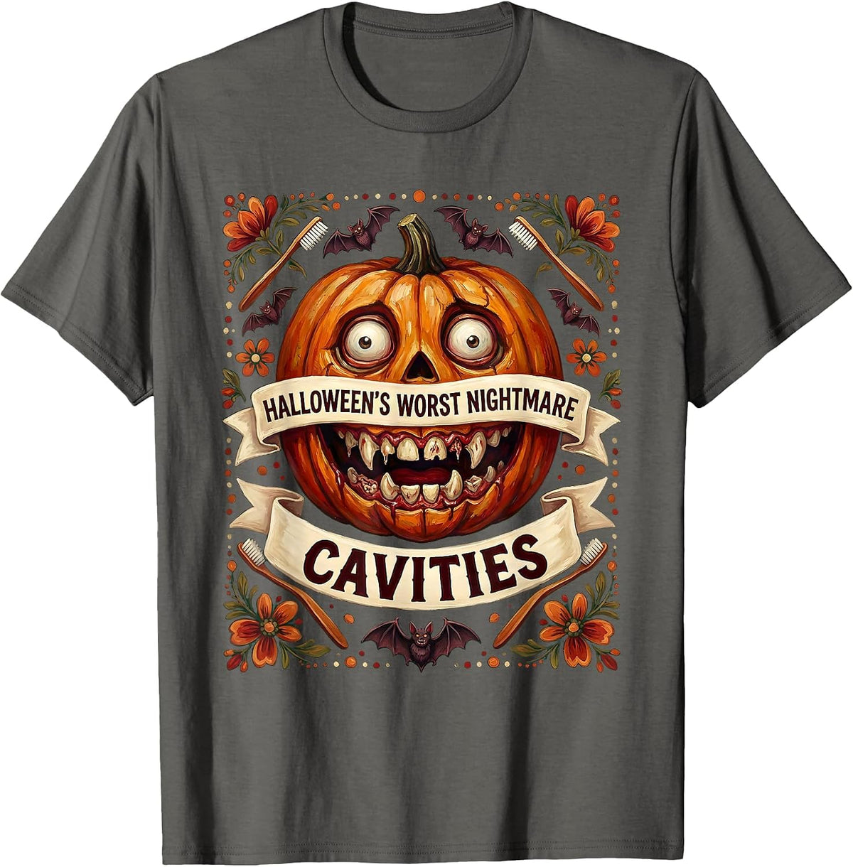 Men's Halloween's Worst Nightmare Cavities Dental Design T-Shirt - Asphalt Grey