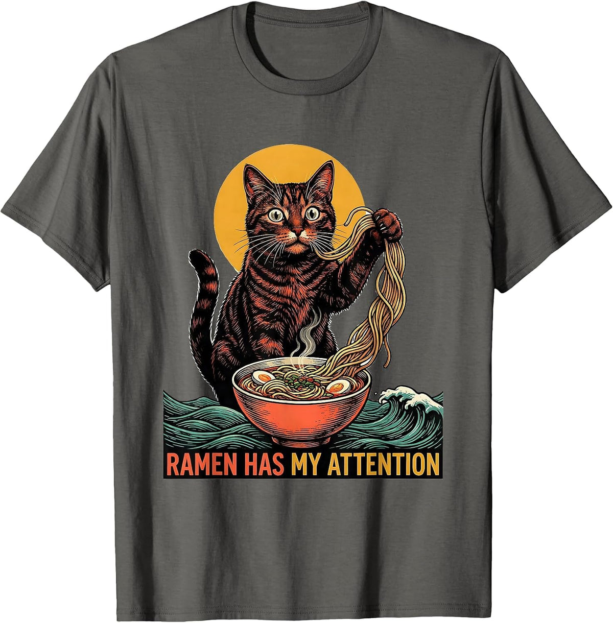 Ramen Has My Attention Funny Cat Anime Kawaii Japanese Art T-Shirt - Asphalt Grey
