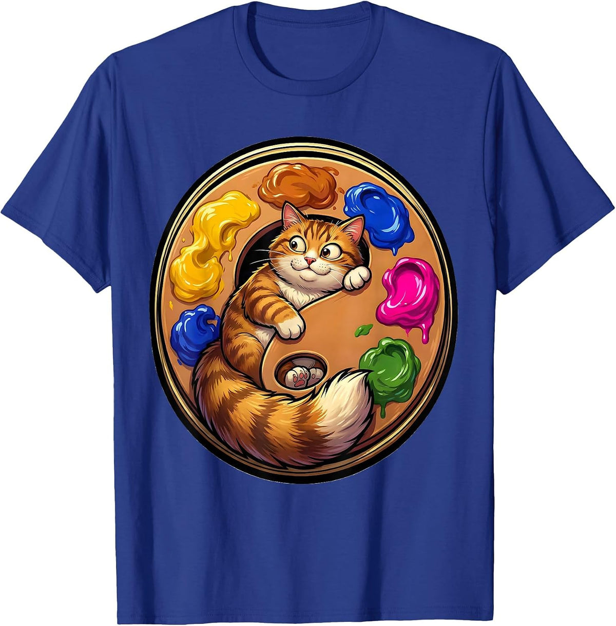 Men's Art Teacher Cat in Giant Paint Palette Design T-Shirt - Royal Blue
