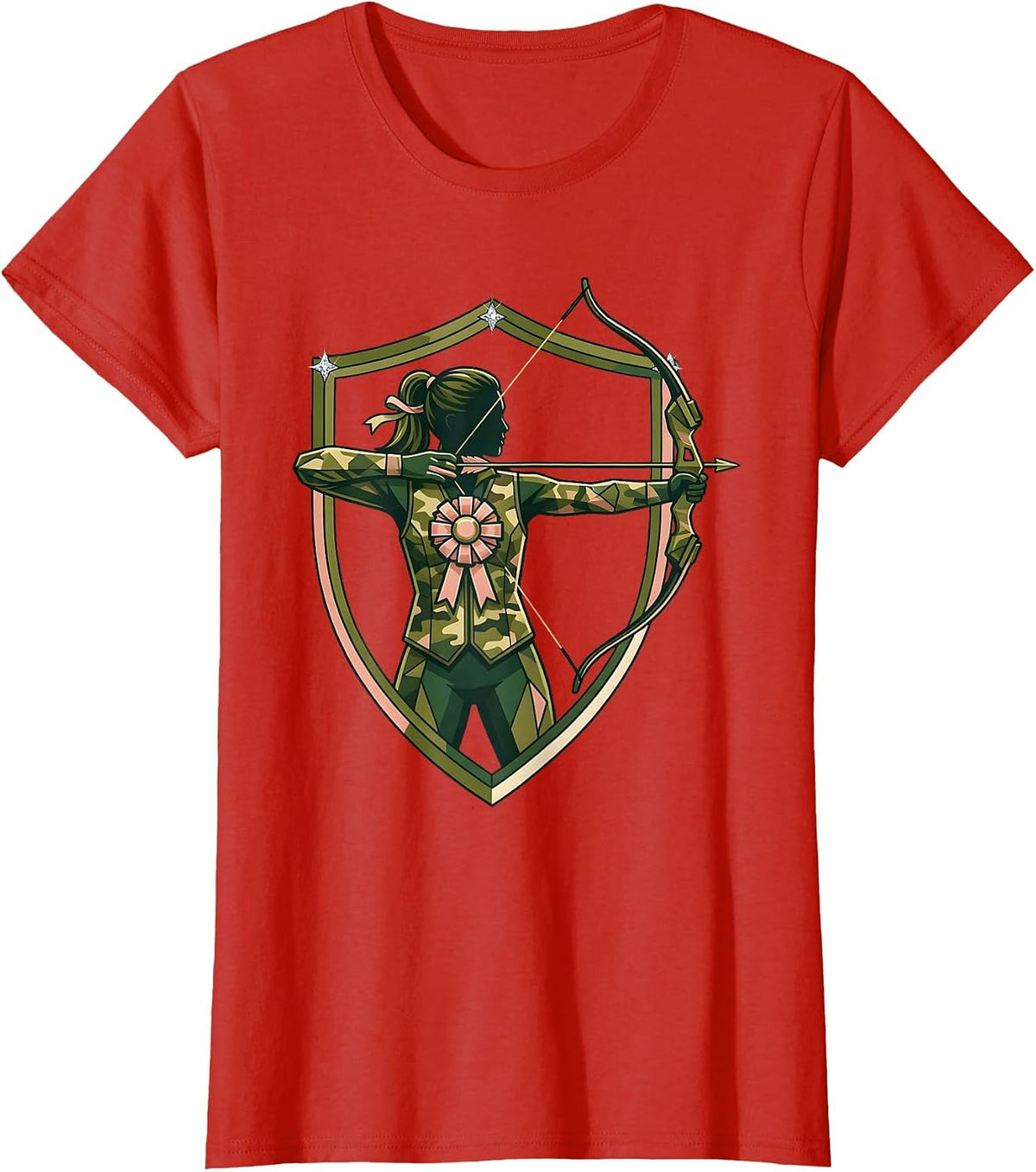 Women's Camo Archer Drawing Back Bow Illustration T-Shirt - Red