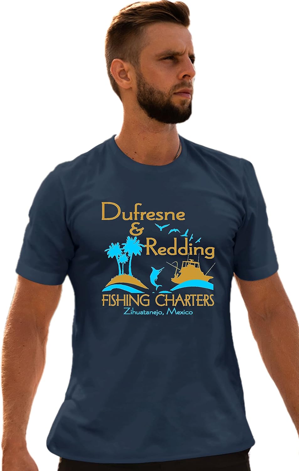 Go All Out Adult Dufresne & Redding Fishing Charters Funny T-Shirt - Navy Blue