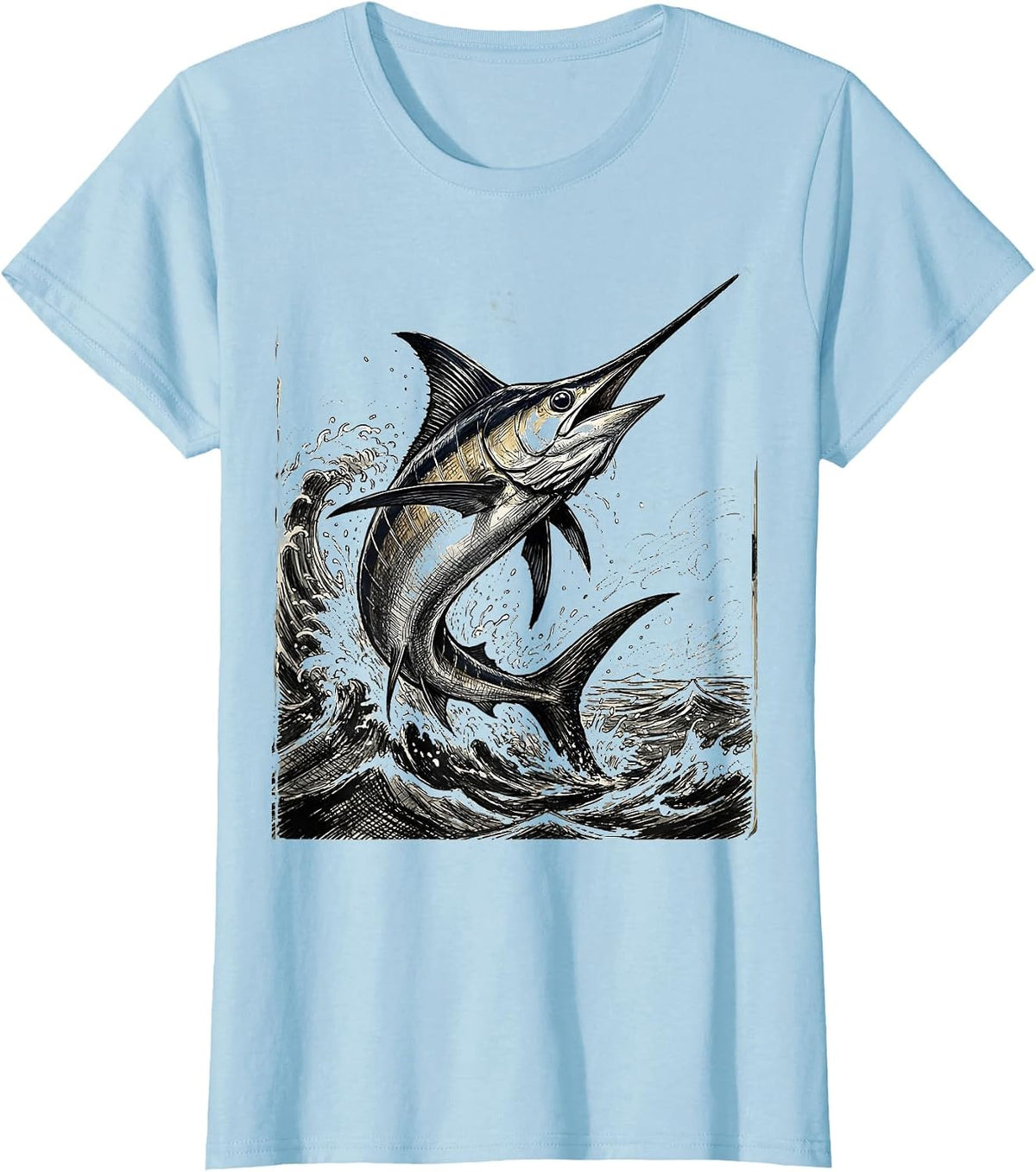 Marlin Jumping Ocean Waves Fishing Graphic T-Shirt - Baby Blue