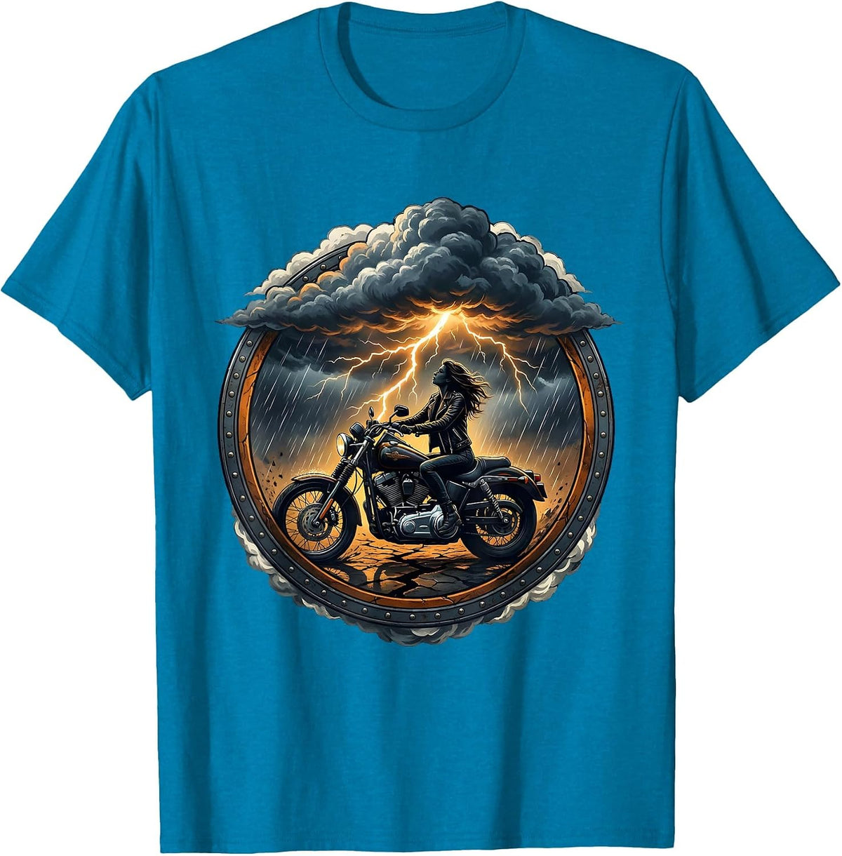 Biker Storm Chaser Lightning Strike Graphic T-Shirt - Sapphire Blue