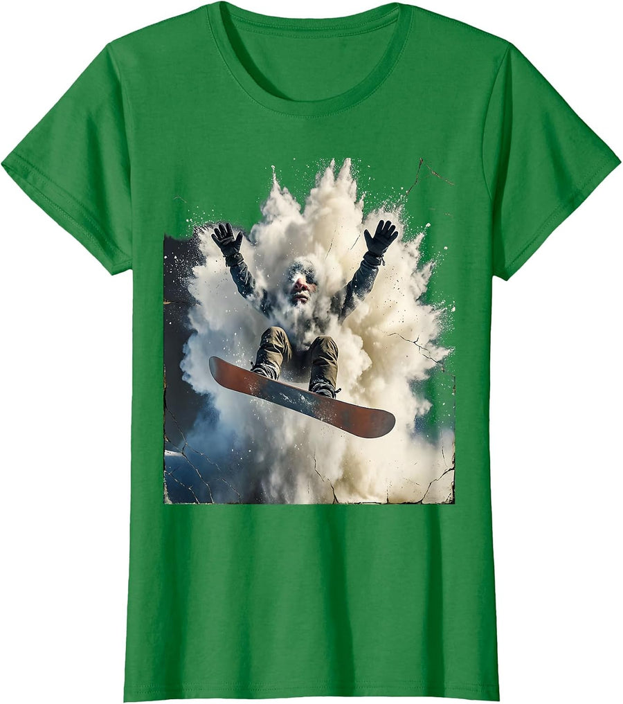Women's Snowboarder Powder Plume Distressed Snow Sports Humor T-Shirt - Kelly Green