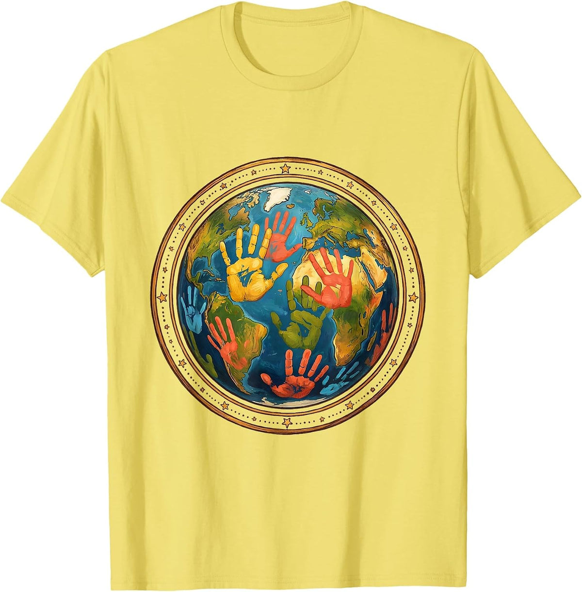 Men's Kindergarten Teacher Colorful Handprints Globe T-Shirt - Lemon Yellow