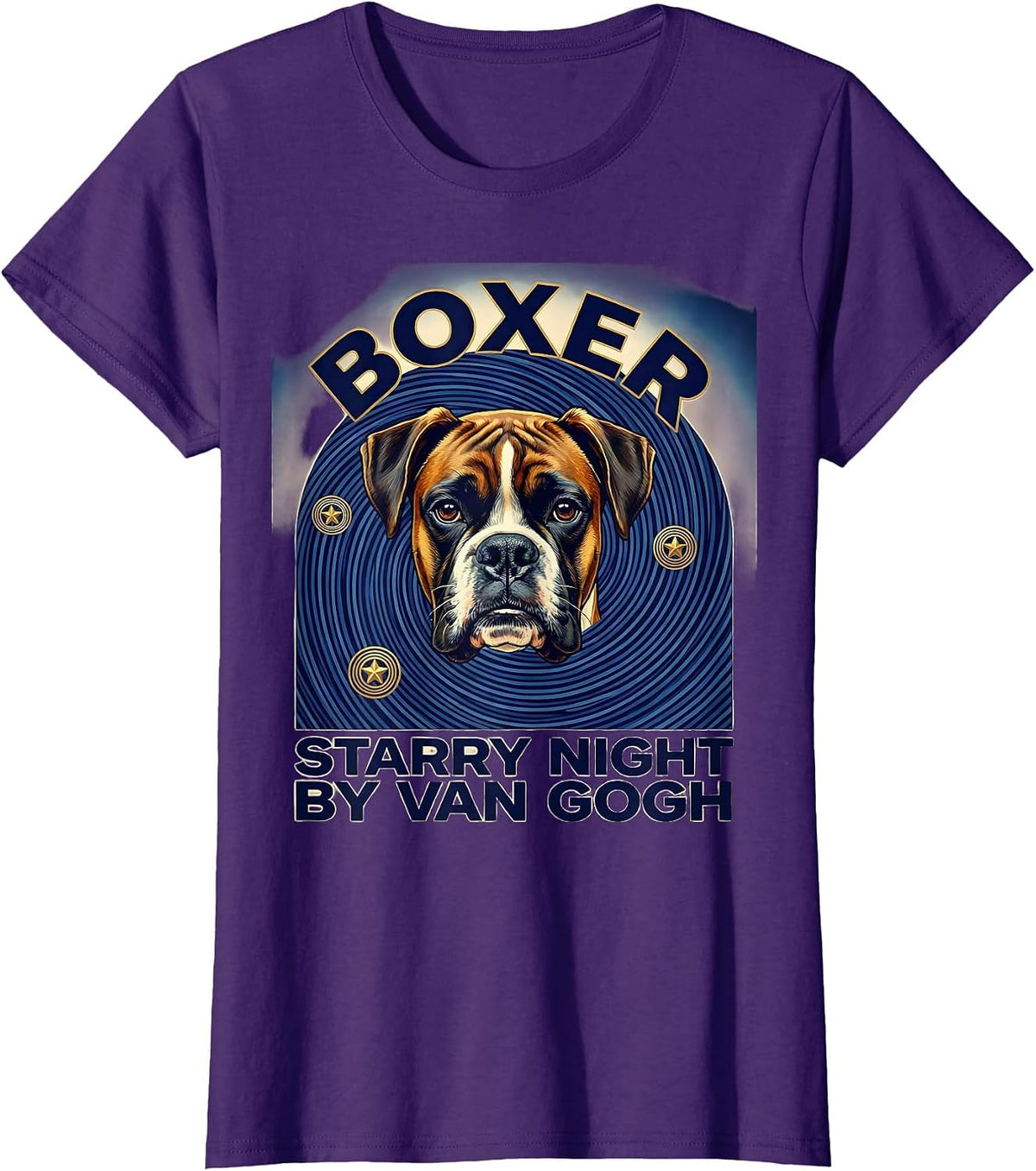 Women's Boxer Starry Night by Van Gogh Dog Portrait Art T-Shirt - Purple
