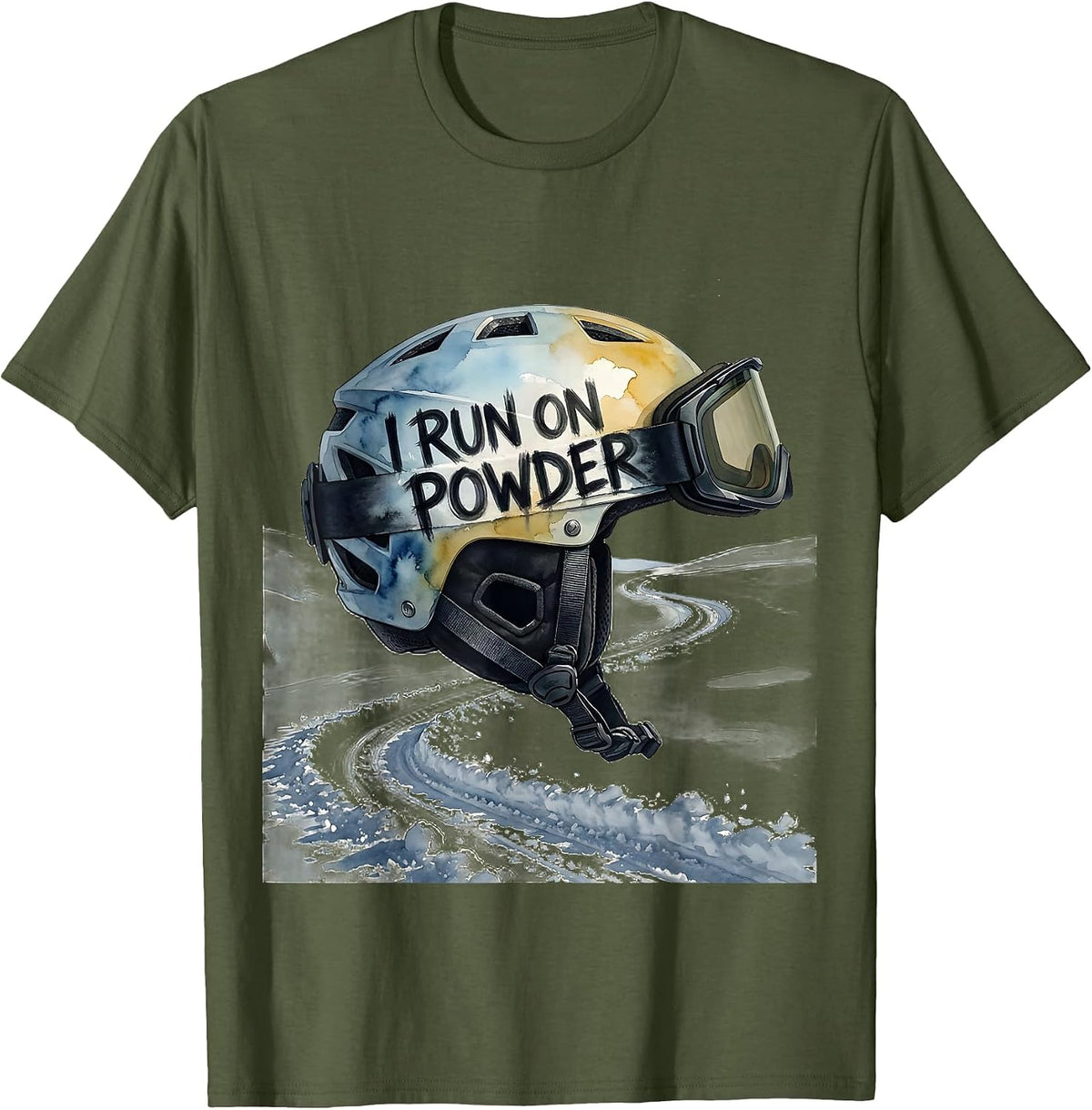 Men's I Run On Powder Watercolor Ski Helmet Funny Ski Lover Gift T-Shirt - Olive Green