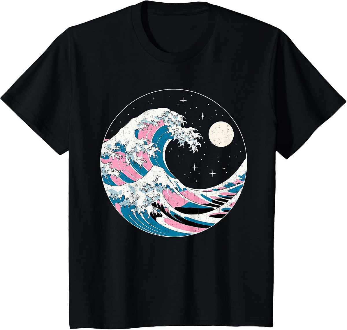 LGBTQ Pride Wave in Japanese Style Under Starry Night Moon T-Shirt - Black