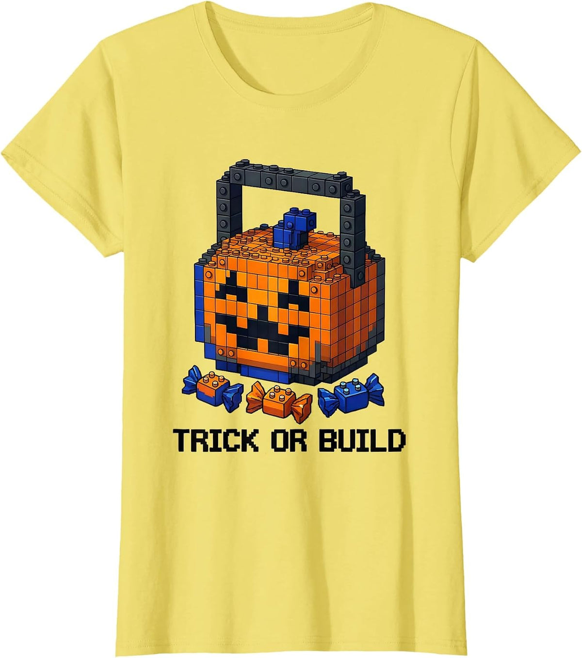 Women's Trick Or Build Pixel Art Halloween Building Blocks Costume T-Shirt - Lemon Yellow