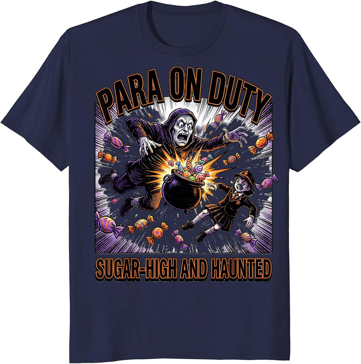 Men's Para On Duty Sugar-High And Haunted Comic Ghost Para Normal T-Shirt - Navy Blue