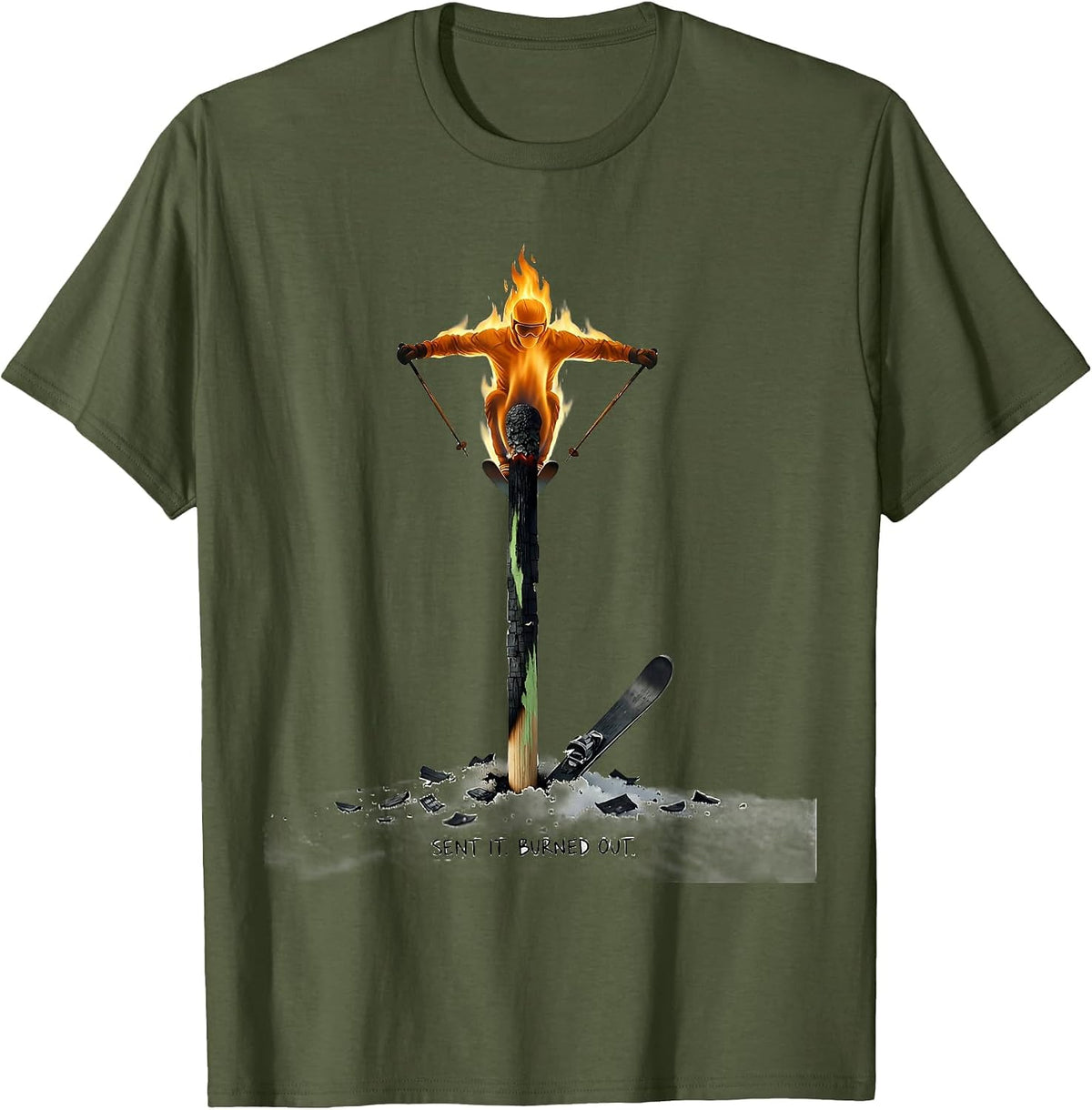 Sent It Burned Out Funny Skiing Ski Lover Gift T-Shirt - Olive Green