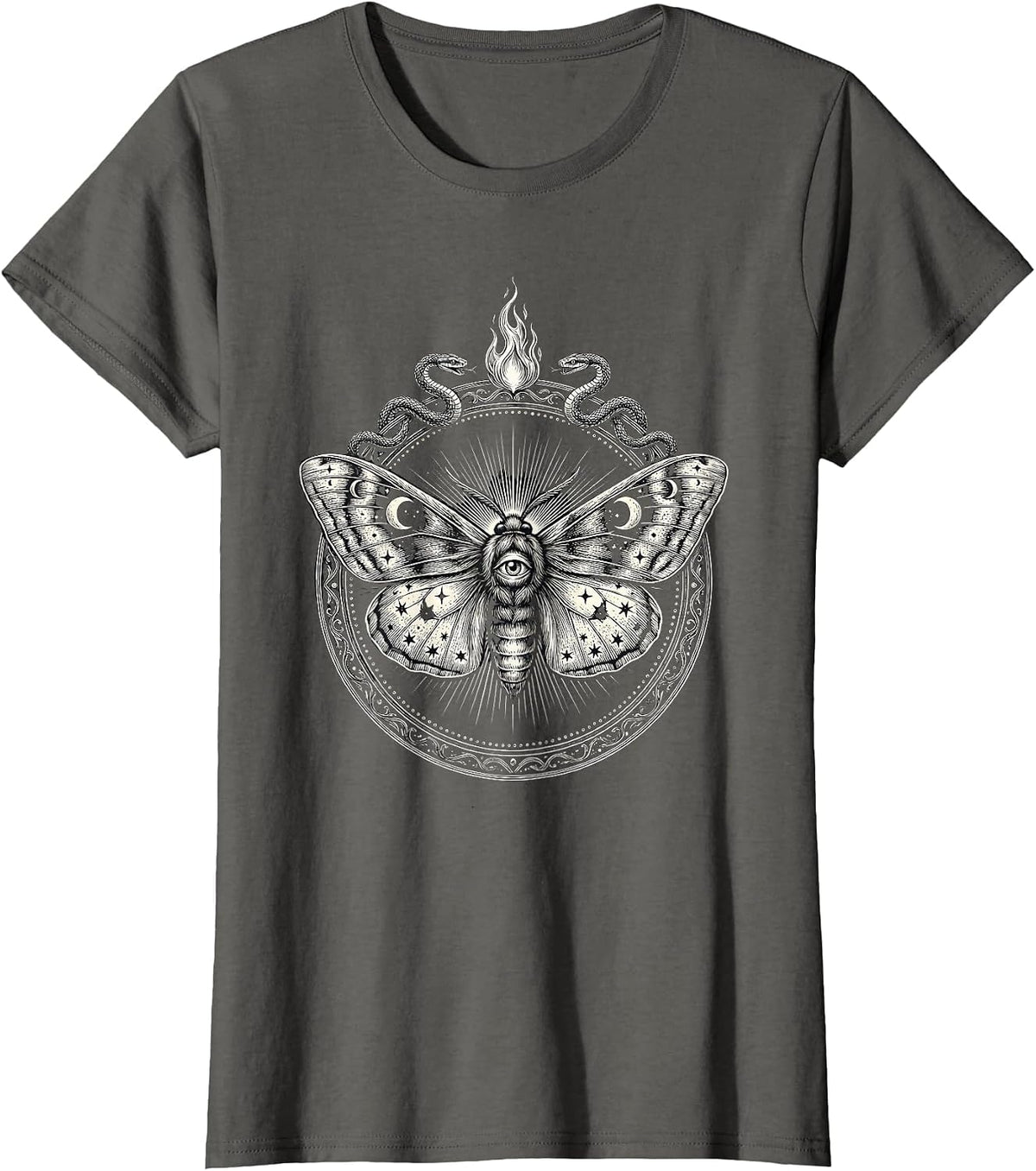 Women's Emo Moth and Flame Dark Aesthetic Graphic T-Shirt - Asphalt Grey