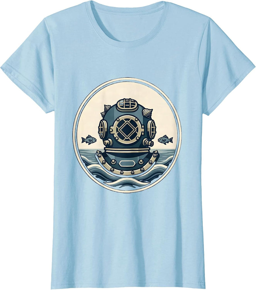 Women's Barnacle Diving Helmet Nautical Ocean Art T-Shirt - Baby Blue