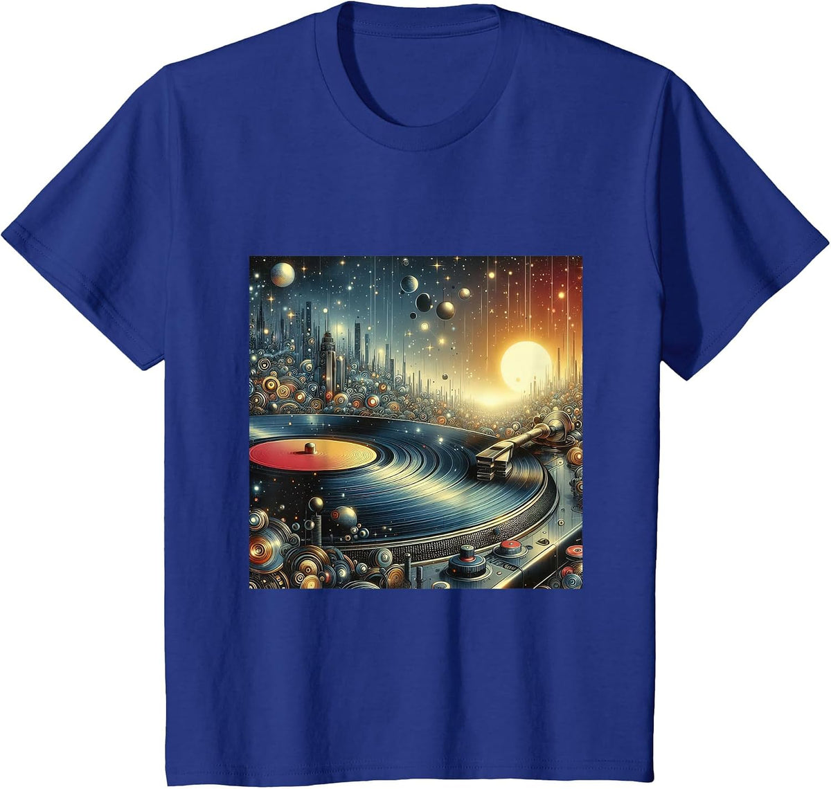 Futuristic Space City Vinyl Record Player Sci-Fi Cityscape T-Shirt - Royal Blue