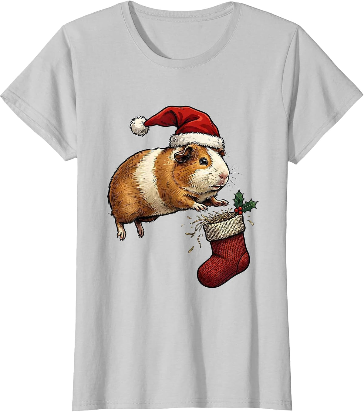 Guinea Pig Santa Hat Funny Christmas Pet Lover T-Shirt - Silver Grey