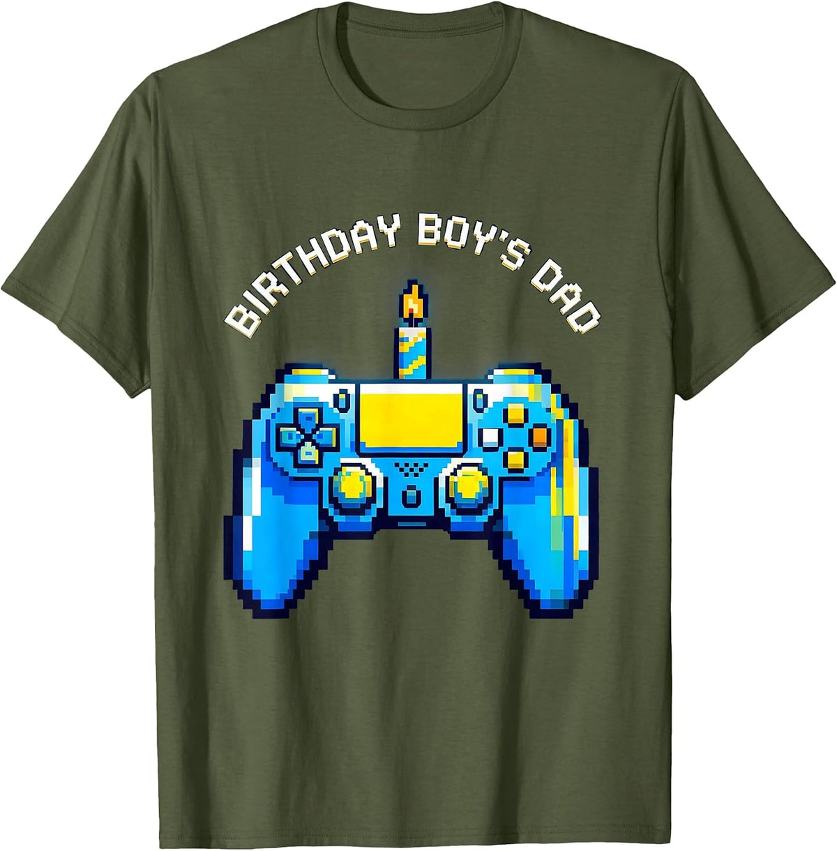Men's Birthday Boy's Dad Pixel Art Gamer Matching Family Party T-Shirt - Olive Green